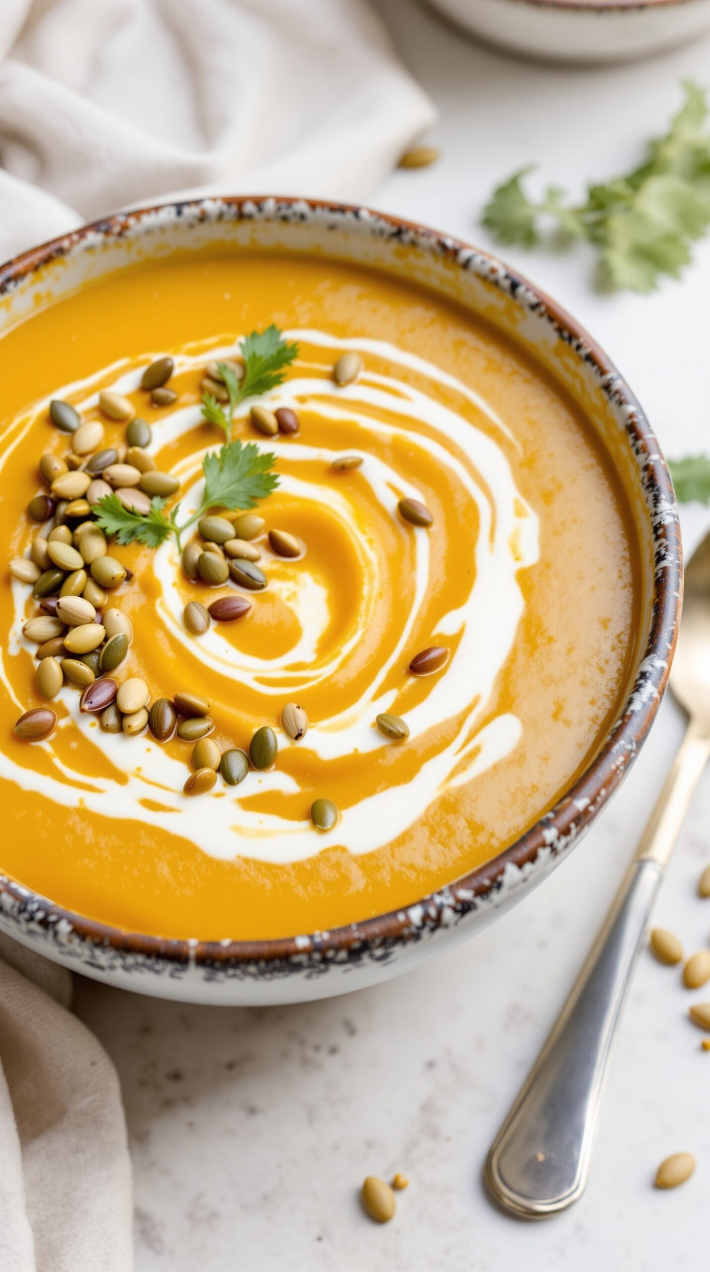 A bowl of creamy acorn squash soup topped with pumpkin seeds and a swirl of cream.