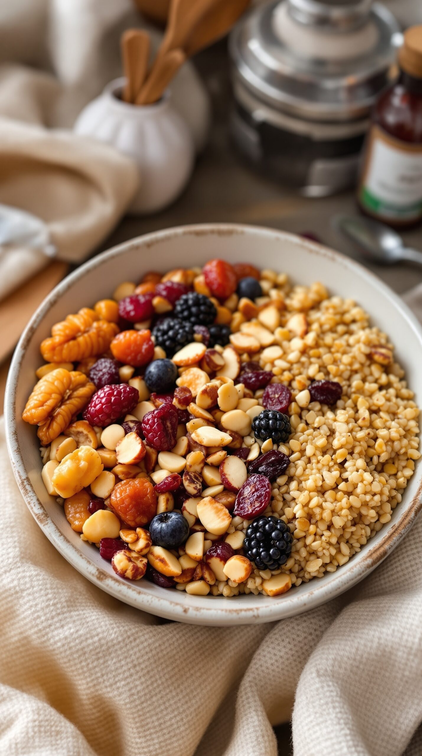 A quinoa breakfast bowl with nuts and mixed berries, served in a rustic bowl.