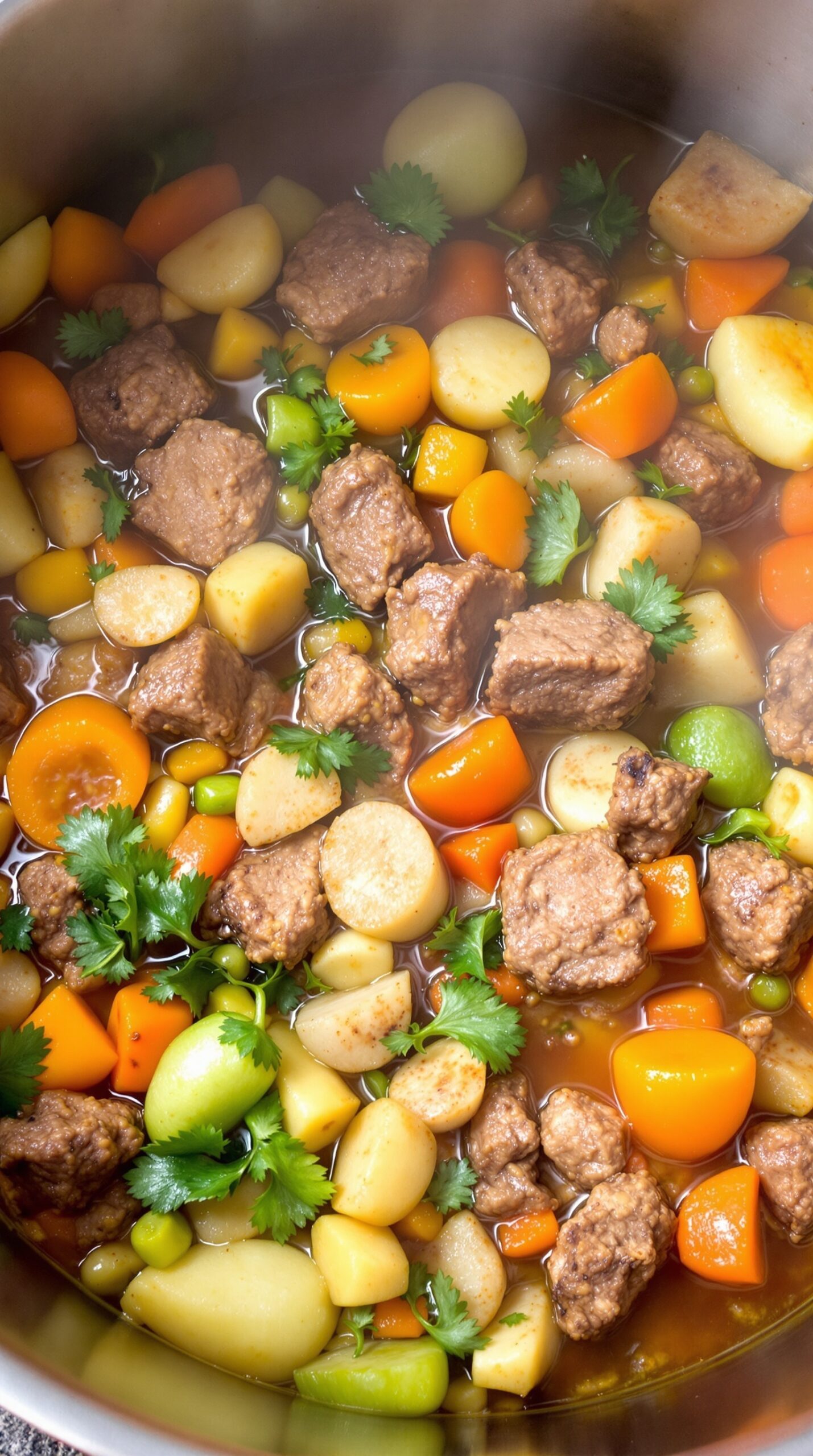 A close-up of a pot filled with beef stew, showcasing chunks of beef and colorful vegetables like carrots, potatoes, and peas.