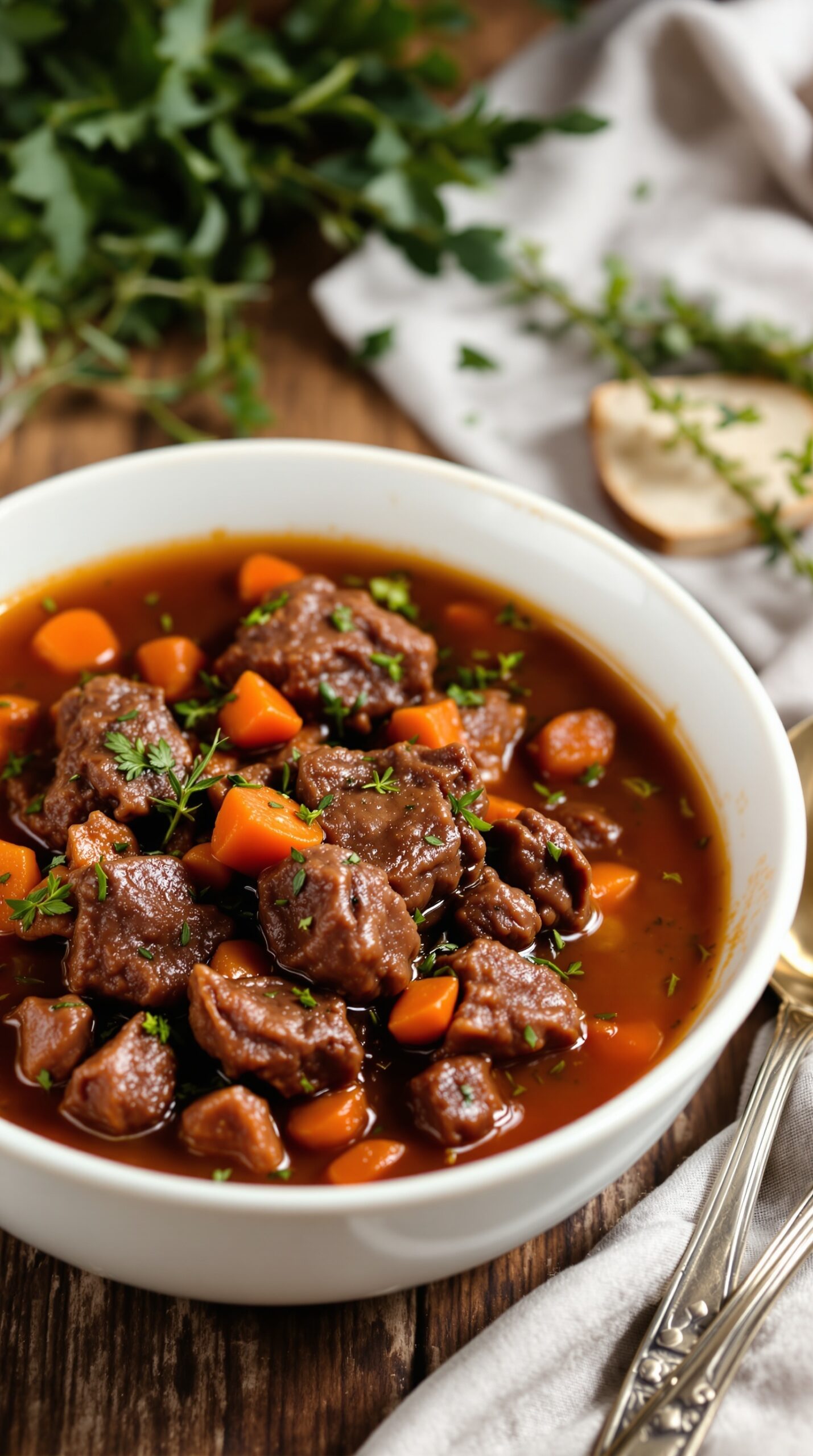 A bowl of herb-infused beef stew with carrots and fresh herbs