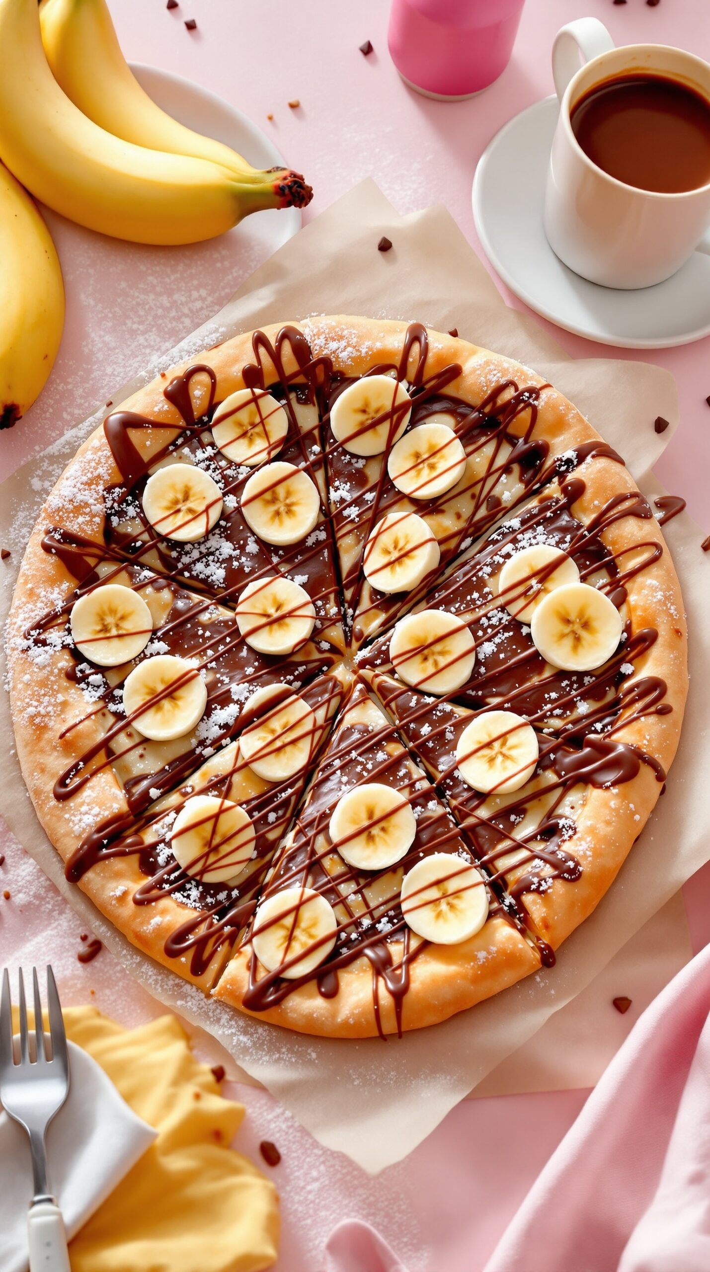 A sweet breakfast pizza topped with Nutella and banana slices, drizzled with chocolate sauce, on a pink background.
