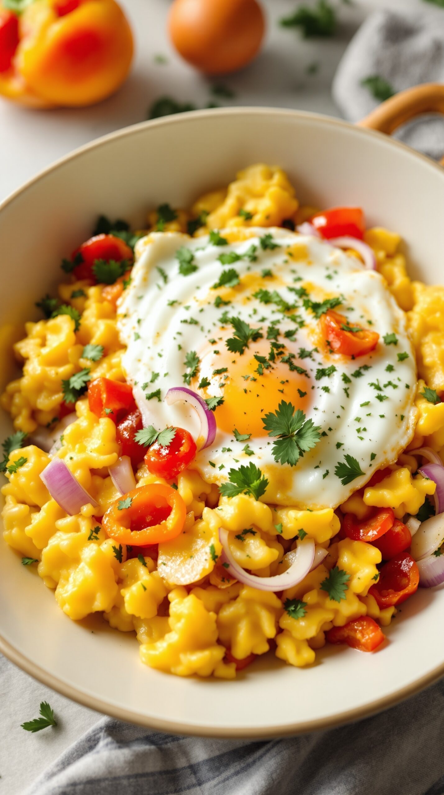 A colorful egg and veggie scramble bowl with a sunny-side-up egg on top, garnished with cilantro.