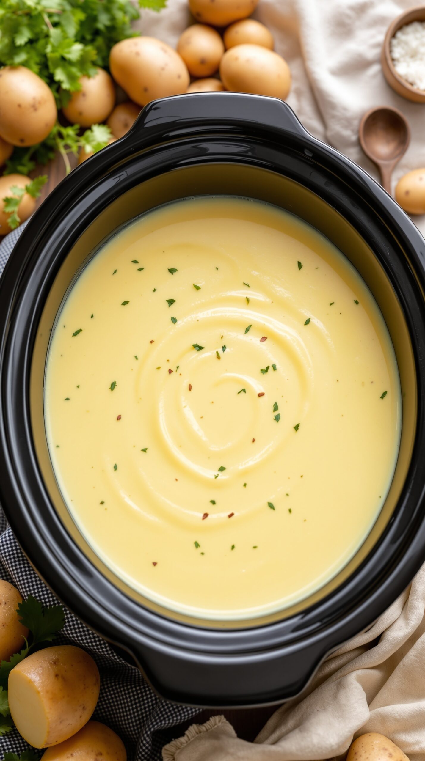 A creamy potato soup in a slow cooker, surrounded by fresh potatoes and herbs.