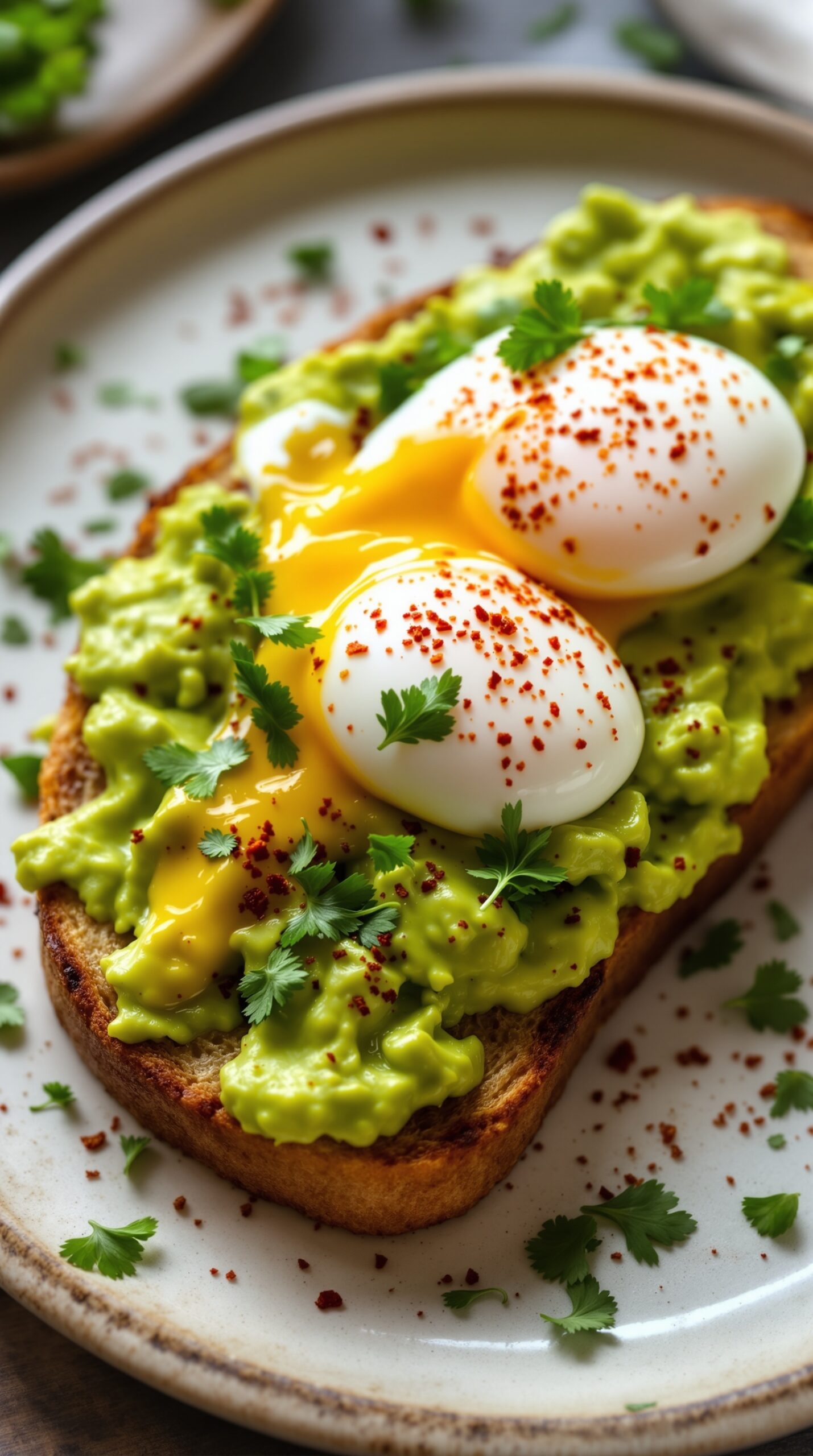 A plate of avocado toast topped with poached eggs, garnished with cilantro and red pepper flakes.