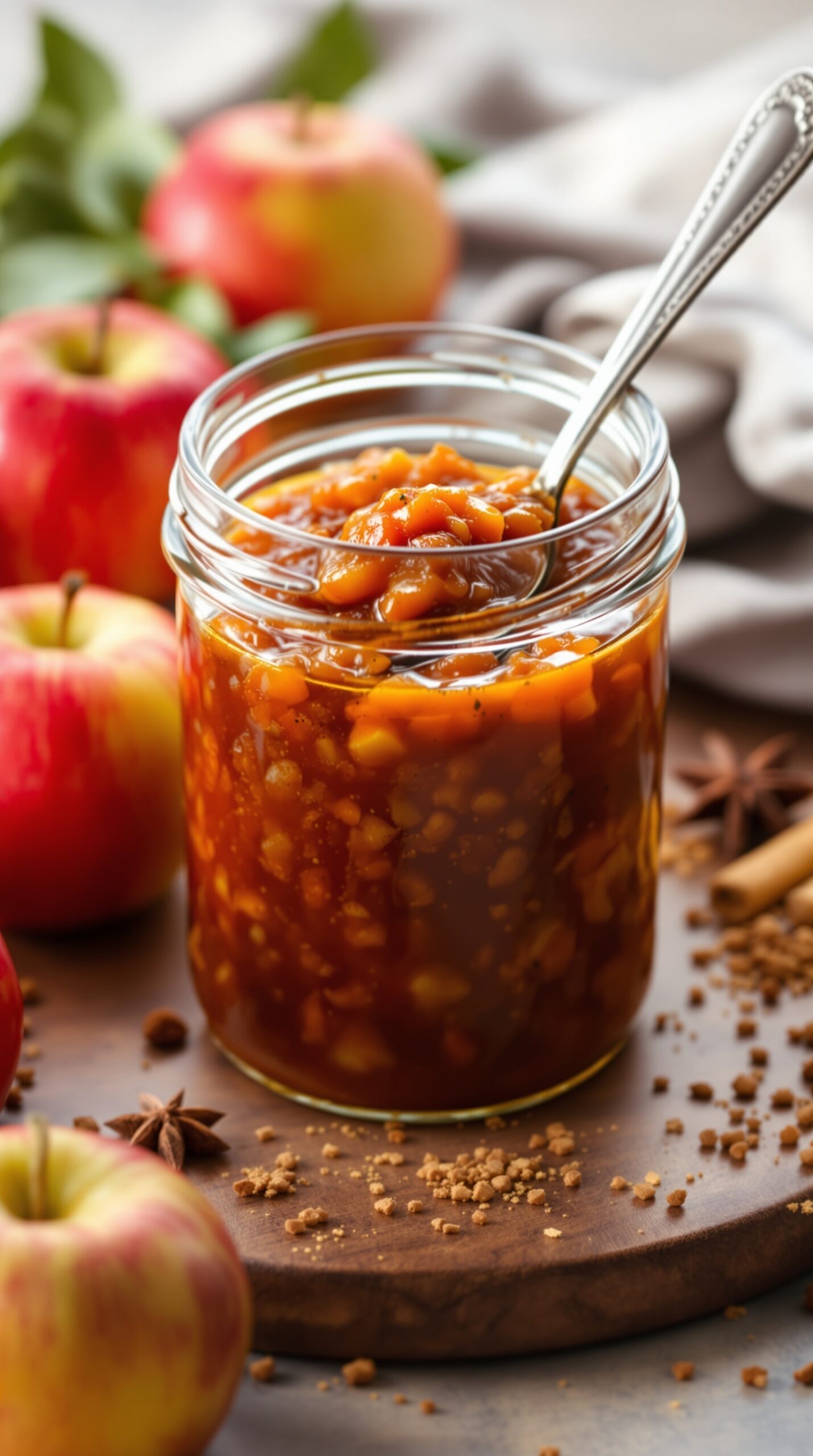 A jar of spiced apple chutney surrounded by fresh apples and spices.