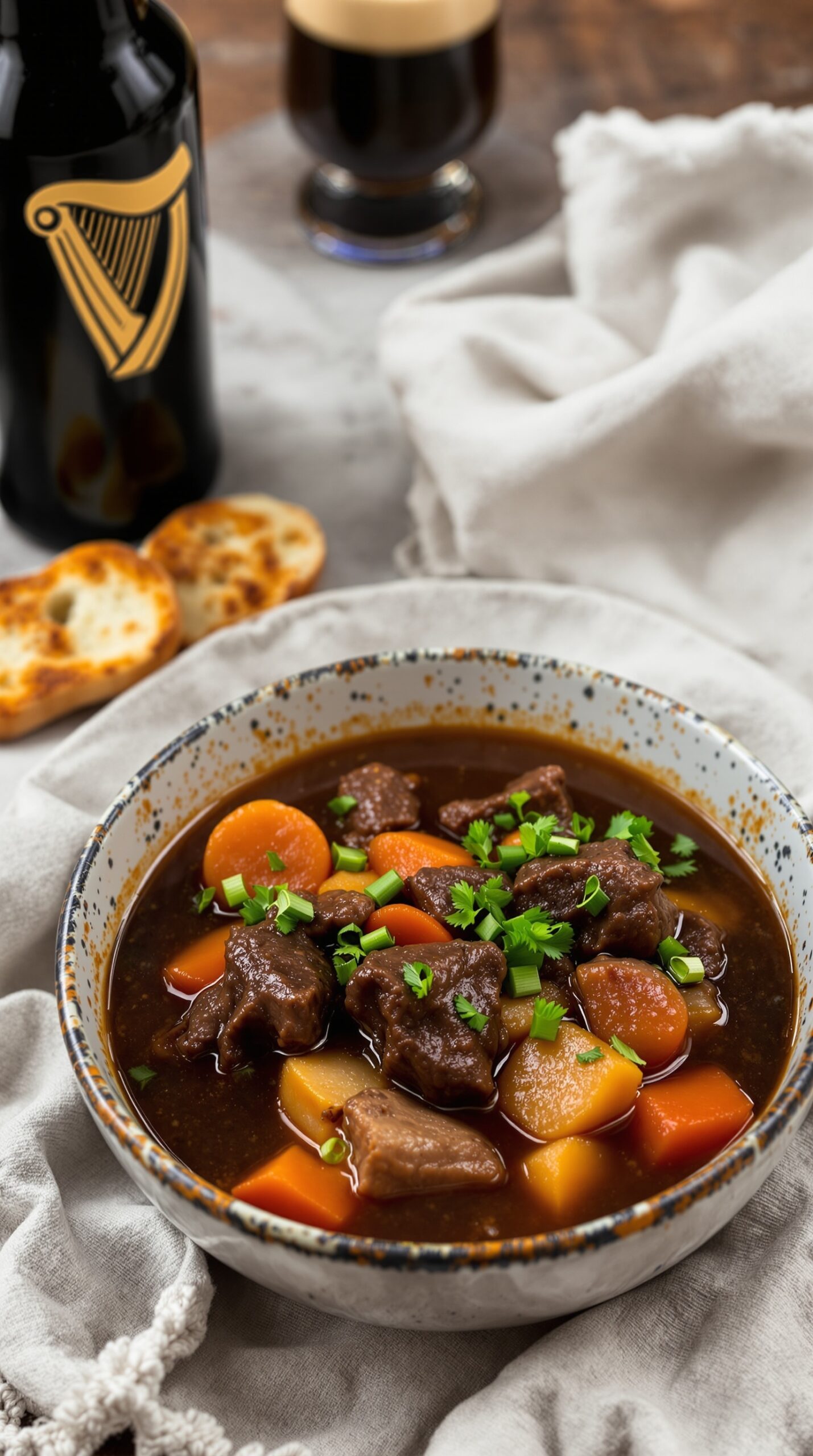 A bowl of Guinness beef stew with carrots, potatoes, and tender beef, garnished with parsley, alongside a bottle of Guinness and some toasted bread.
