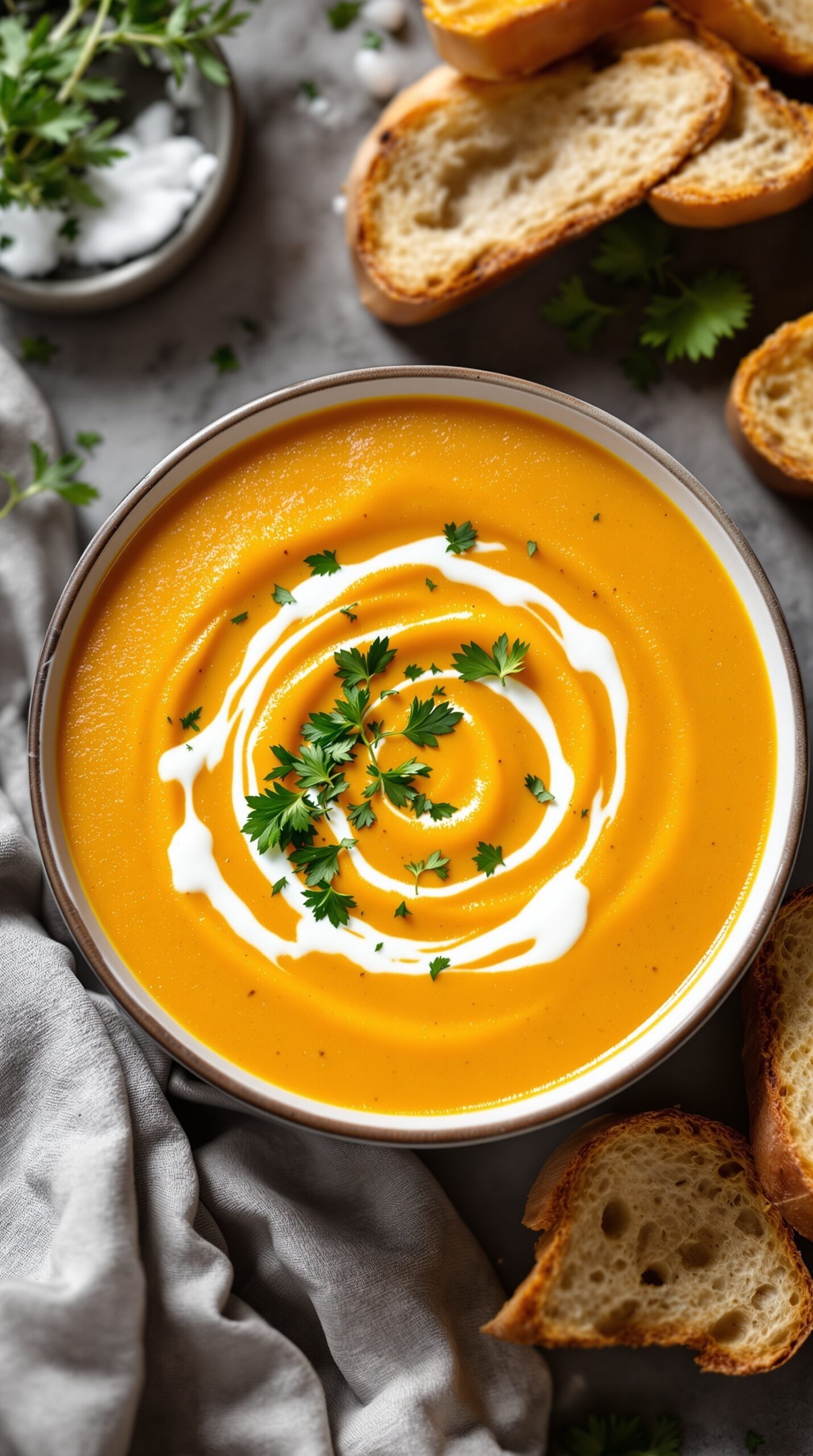 A bowl of creamy butternut squash soup topped with cream and parsley, with slices of bread on the side.