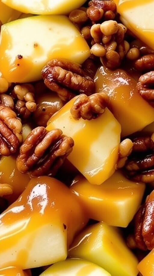 A bowl of caramel apple salad with pecans, featuring diced apples, caramel sauce, and chopped pecans.
