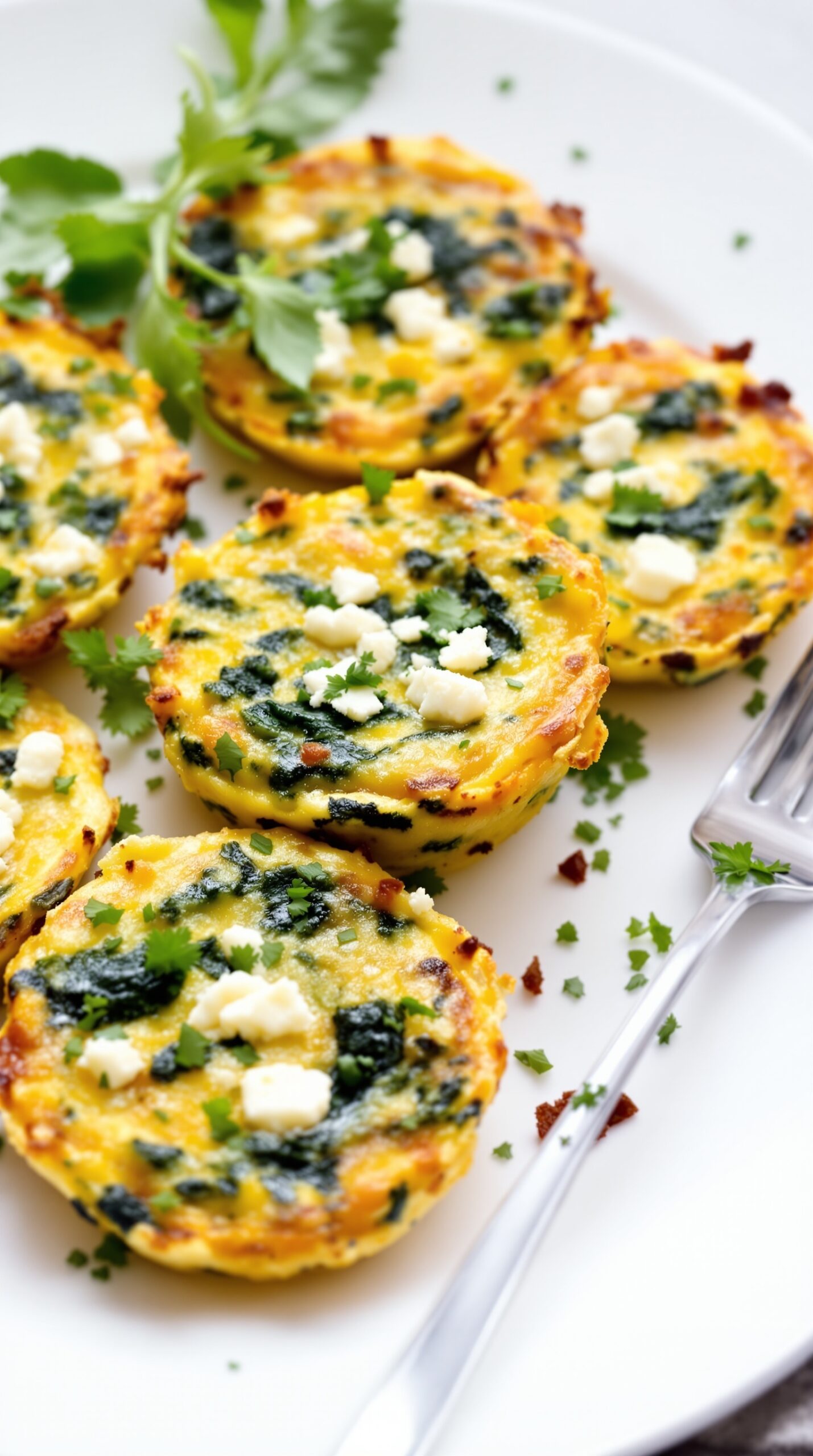Mini frittatas with spinach and feta on a white plate, garnished with herbs.