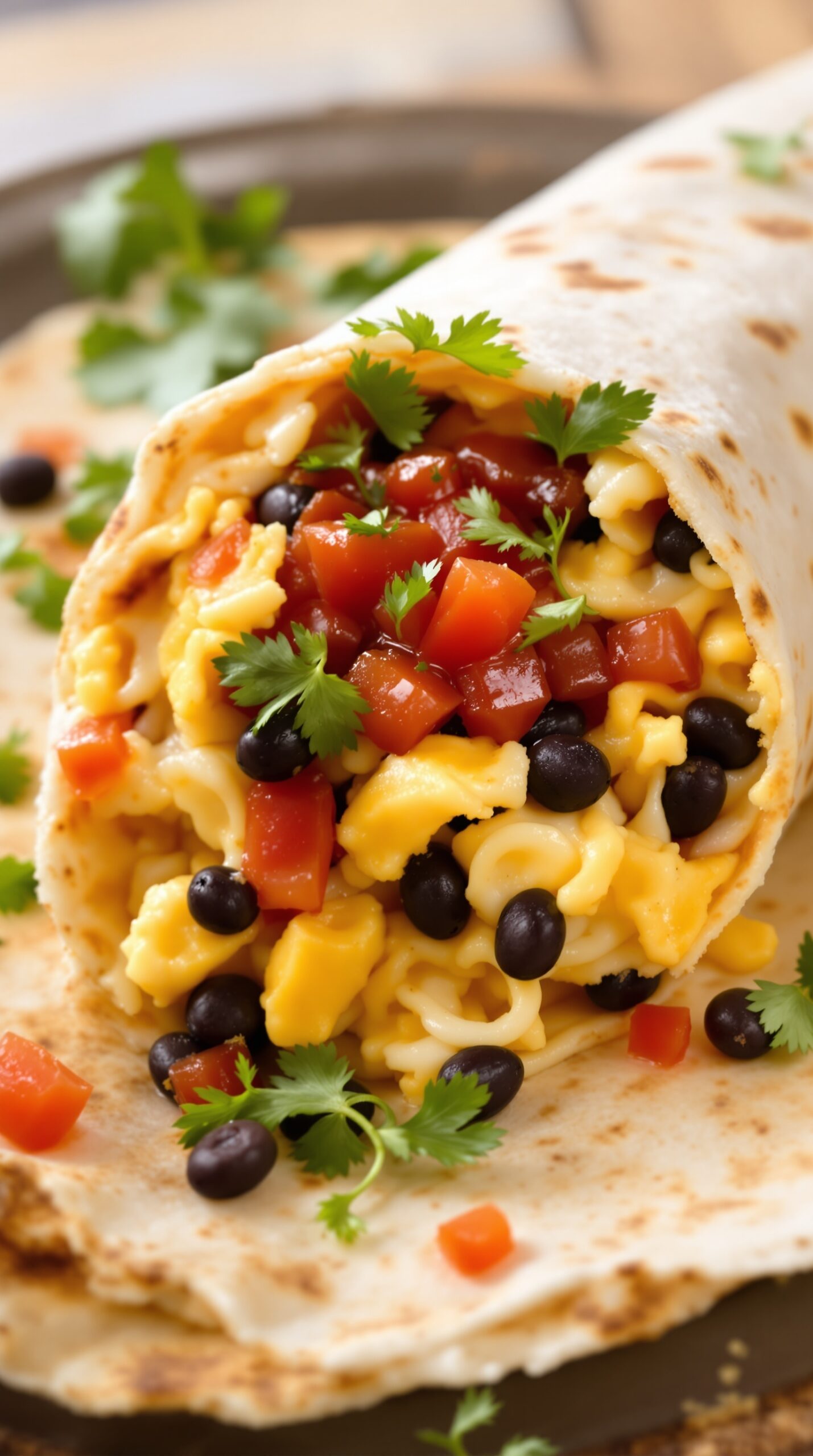 A delicious breakfast burrito filled with black beans, scrambled eggs, cheese, and topped with fresh tomatoes and cilantro.