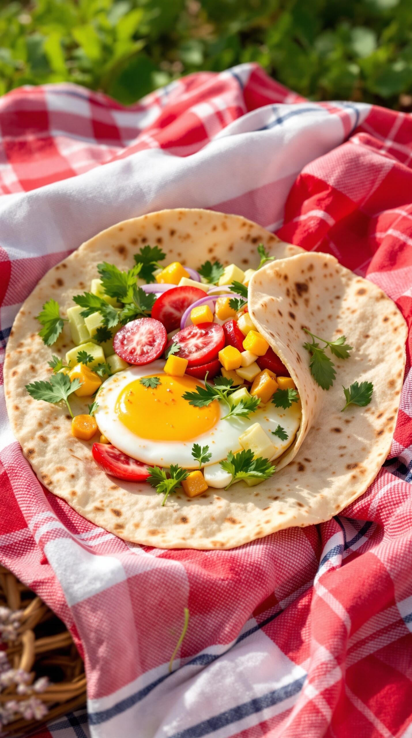 A colorful breakfast wrap with an egg and fresh vegetables on a red checkered cloth.
