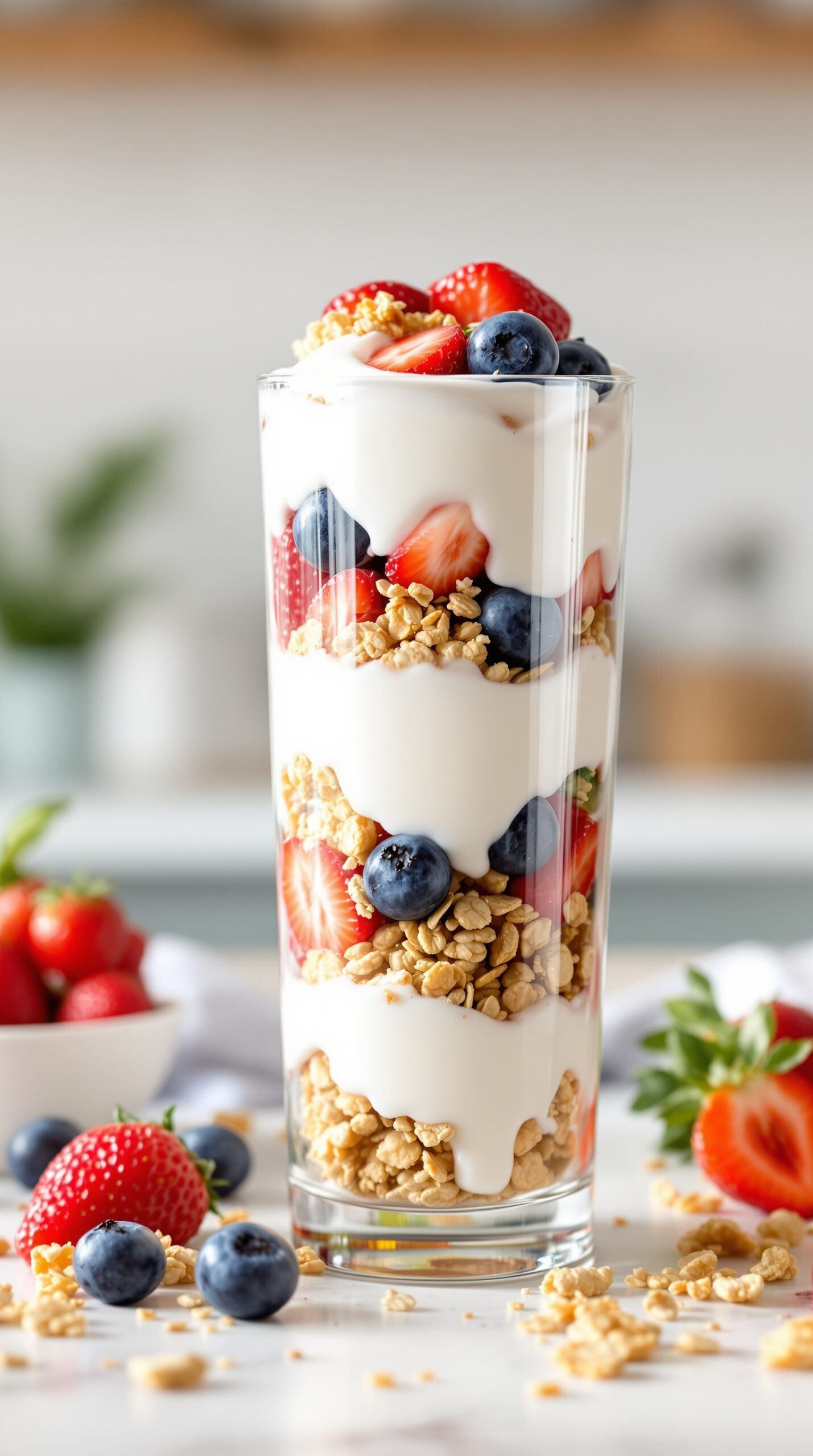 A delicious Greek yogurt parfait layered with granola and fresh berries.