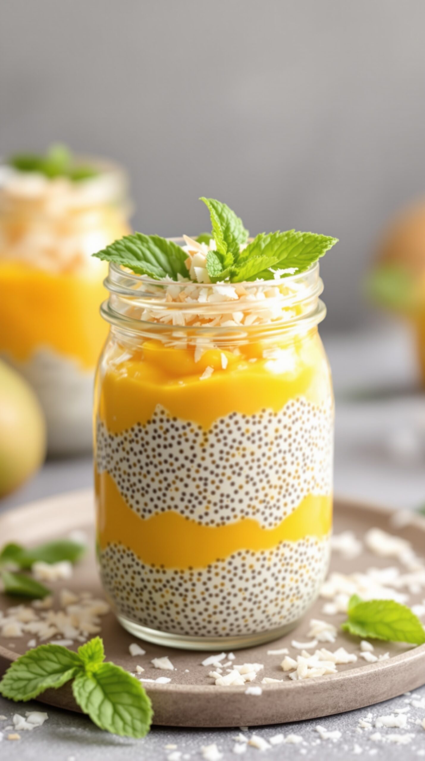 A jar of chia seed pudding layered with mango puree, topped with mint and coconut.