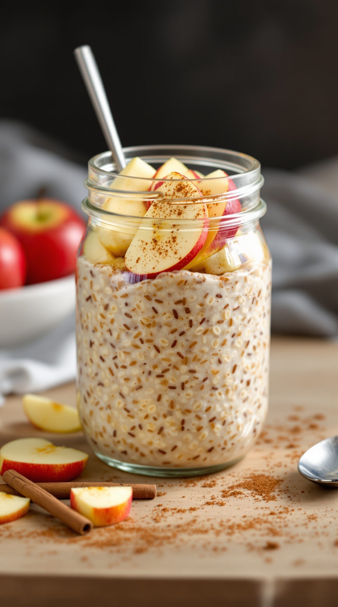 A jar of apple cinnamon overnight oats topped with apple slices and cinnamon.
