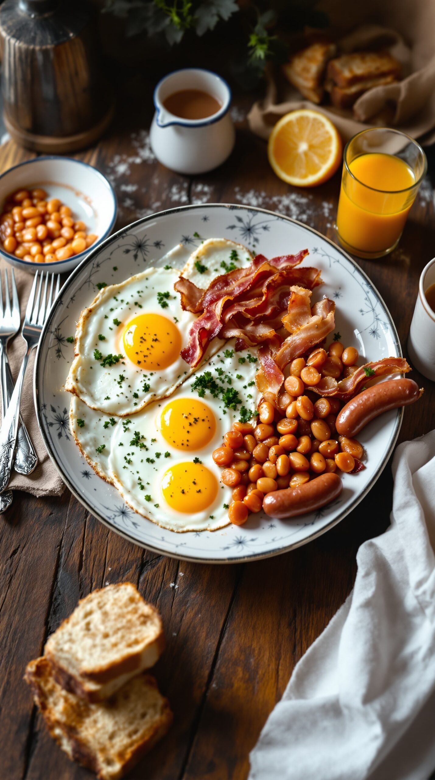 A traditional Full English breakfast featuring fried eggs, bacon, sausages, baked beans, grilled tomatoes, and toast.