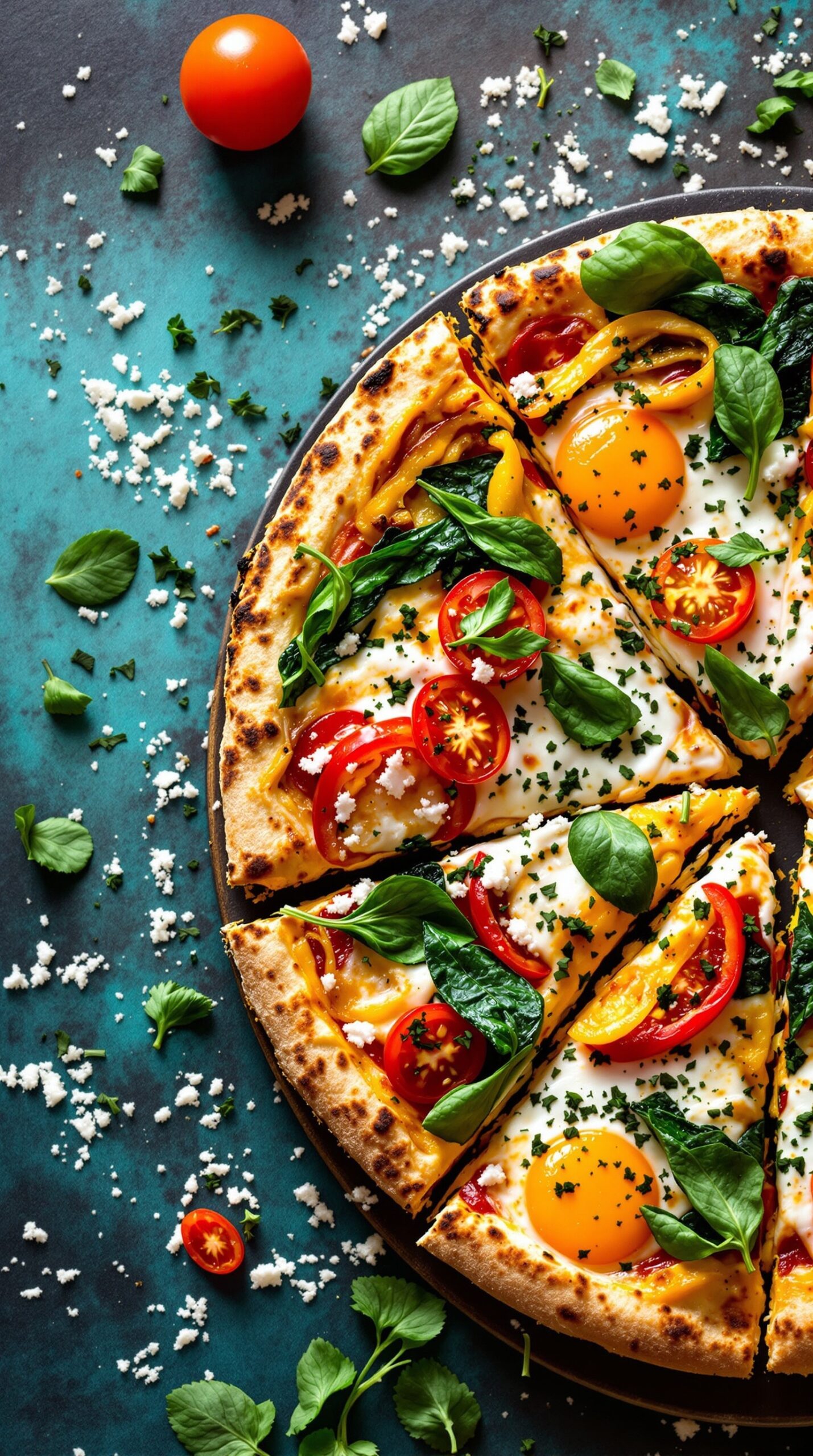 A colorful veggie breakfast pizza topped with eggs, tomatoes, spinach, and cheese.