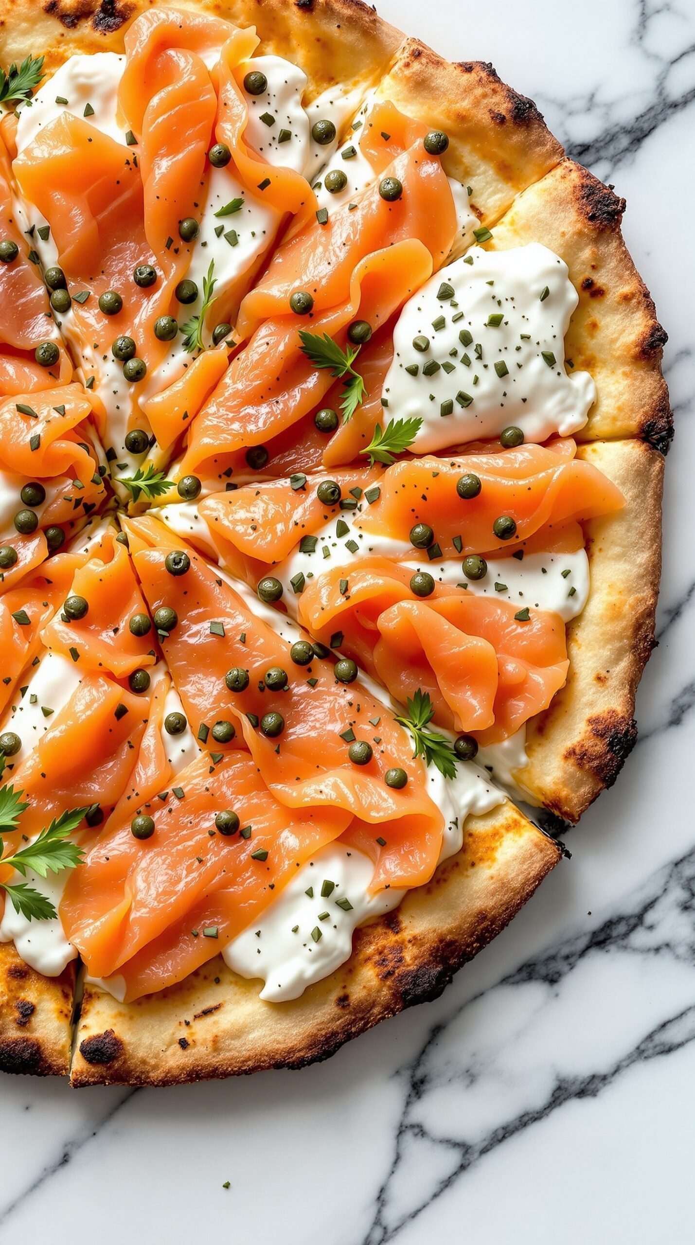 A delicious breakfast pizza topped with smoked salmon, cream cheese, capers, and fresh herbs.