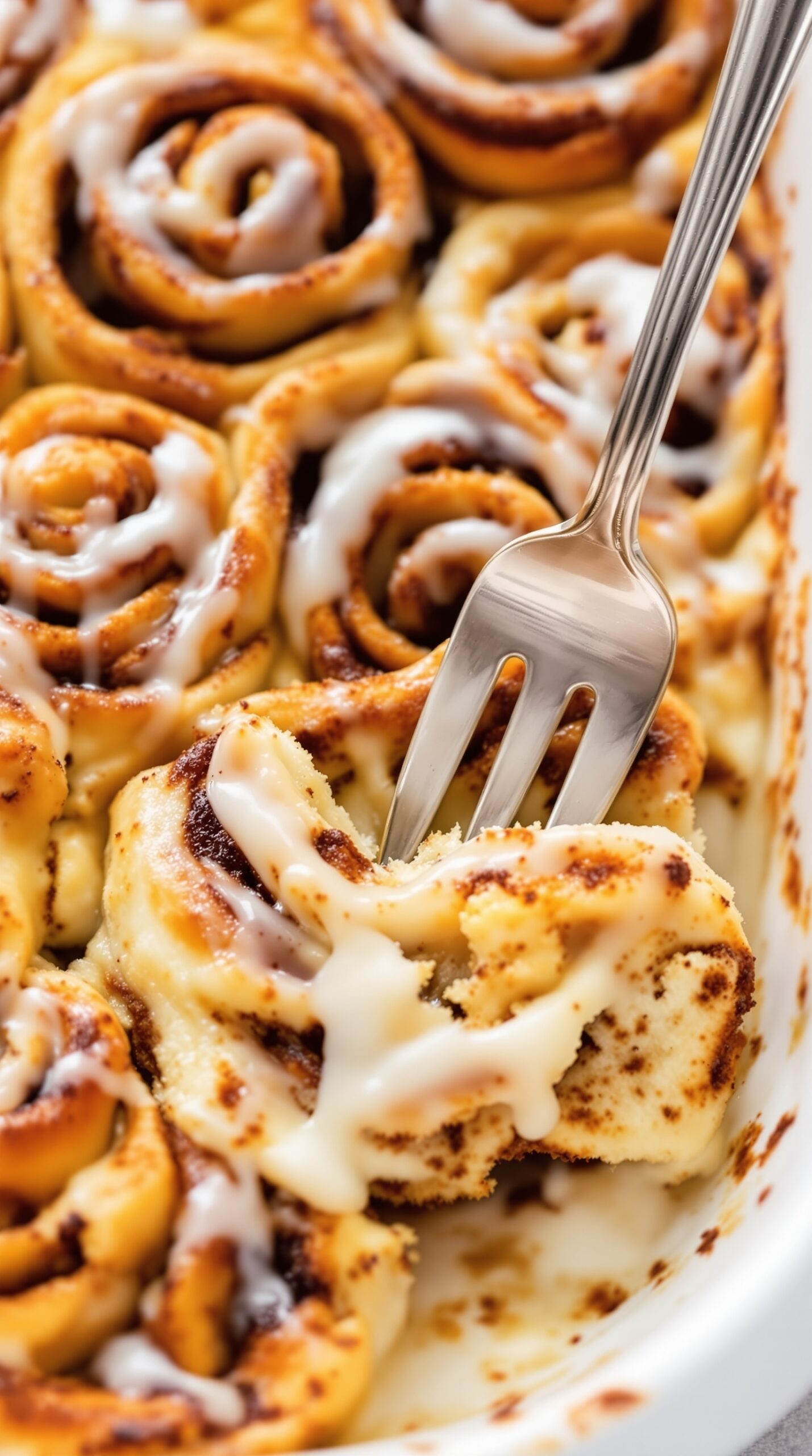 A close-up of a cinnamon roll casserole with a fork taking a piece, drizzled with icing.