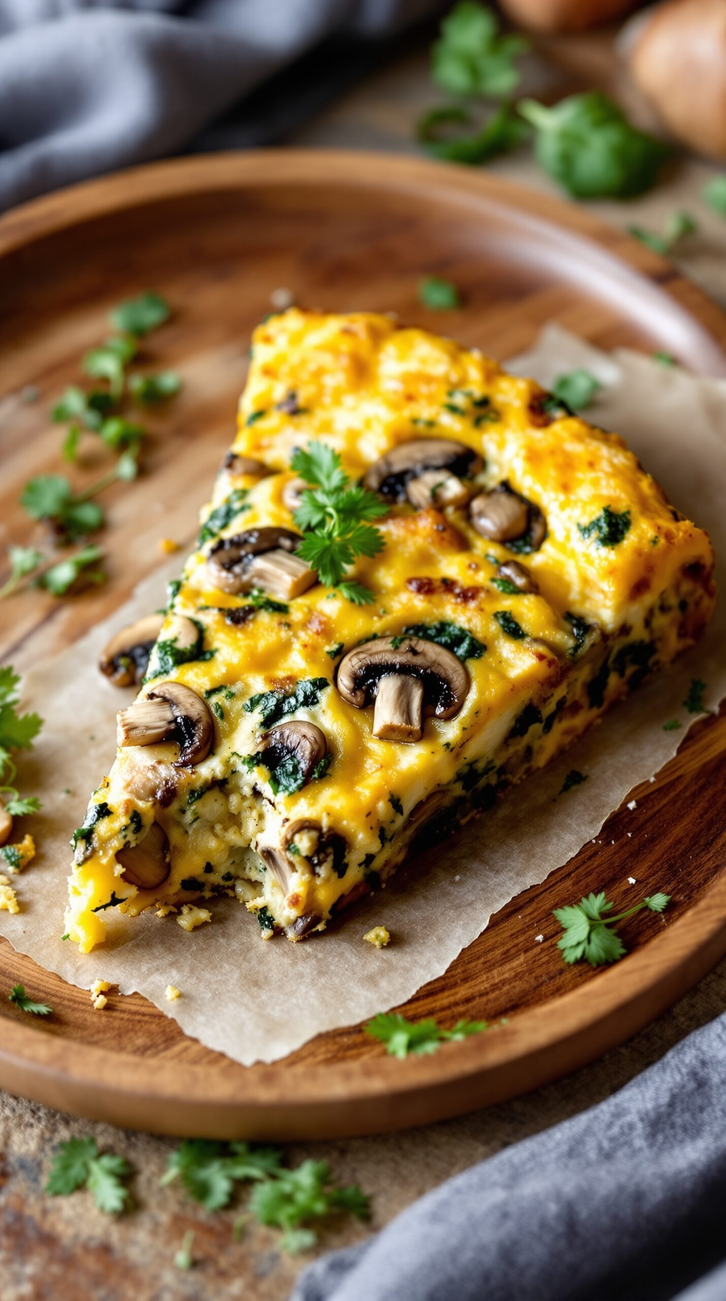 Slice of Herbed Mushroom and Spinach Frittata on a wooden plate
