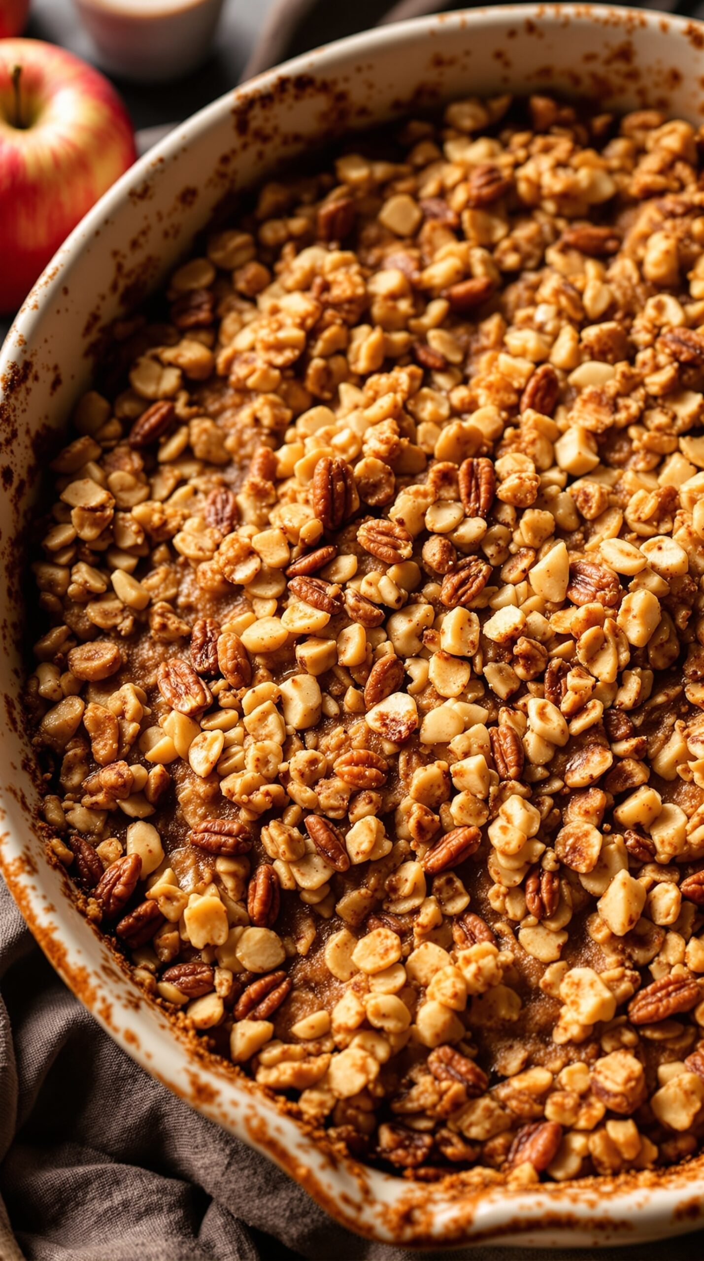 A baked oatmeal dish topped with nuts and oats, surrounded by fresh apples.
