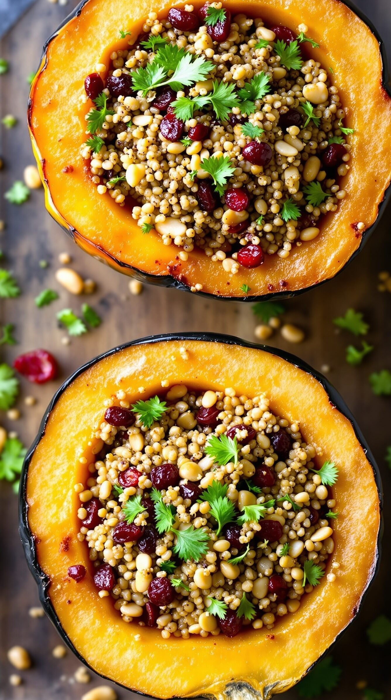 Stuffed acorn squash filled with quinoa, cranberries, and pine nuts