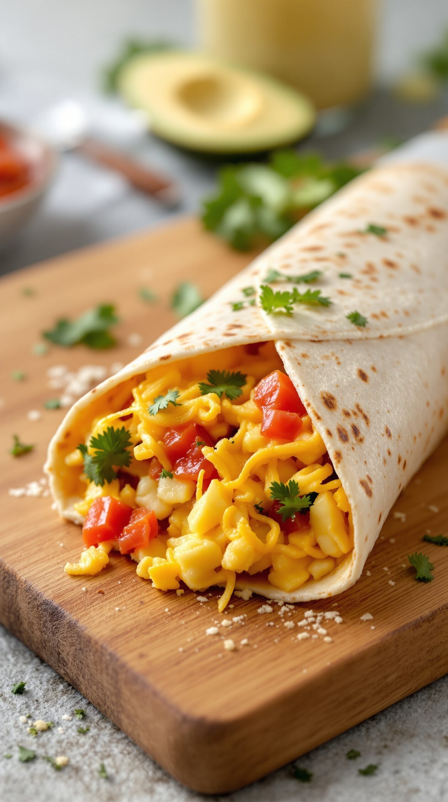 A delicious breakfast burrito filled with scrambled eggs, cheese, and diced tomatoes, garnished with cilantro.
