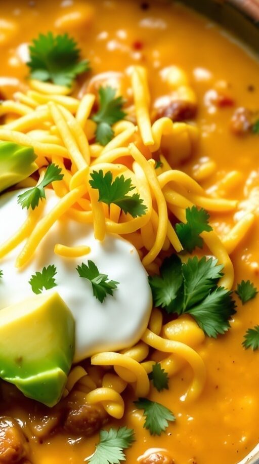 A bowl of creamy avocado taco soup topped with avocado slices, cheese, and cilantro.