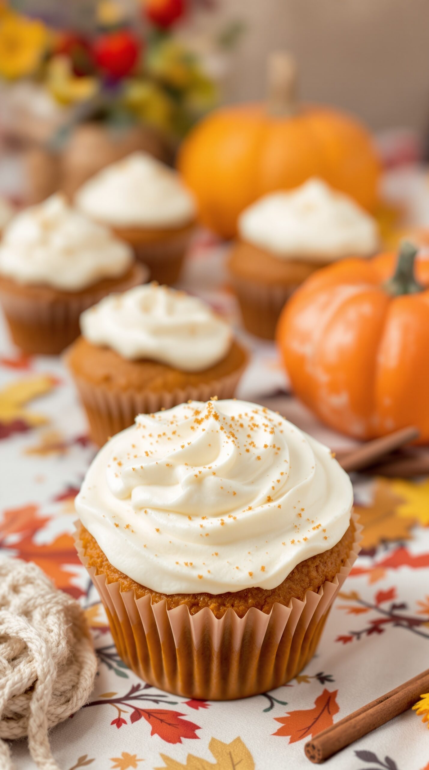 Pumpkin spice muffins with cream cheese frosting on a fall-themed table