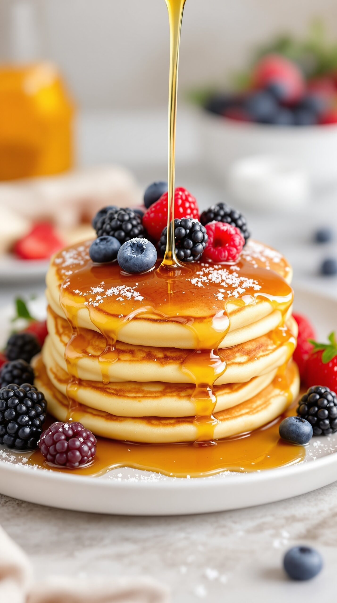 Fluffy buttermilk pancakes topped with berries and maple syrup