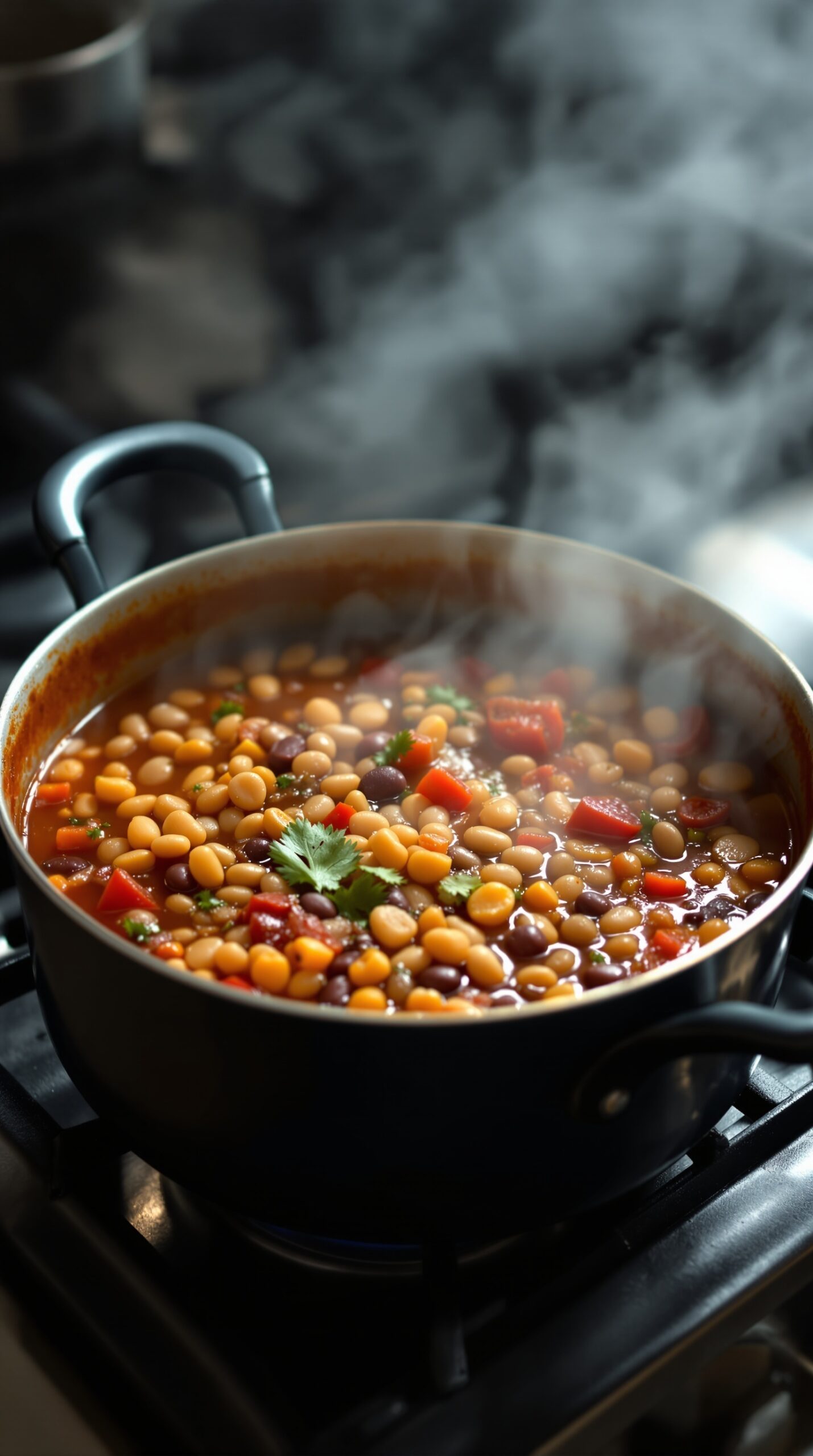 A pot of taco soup simmering with beans, tomatoes, and spices.
