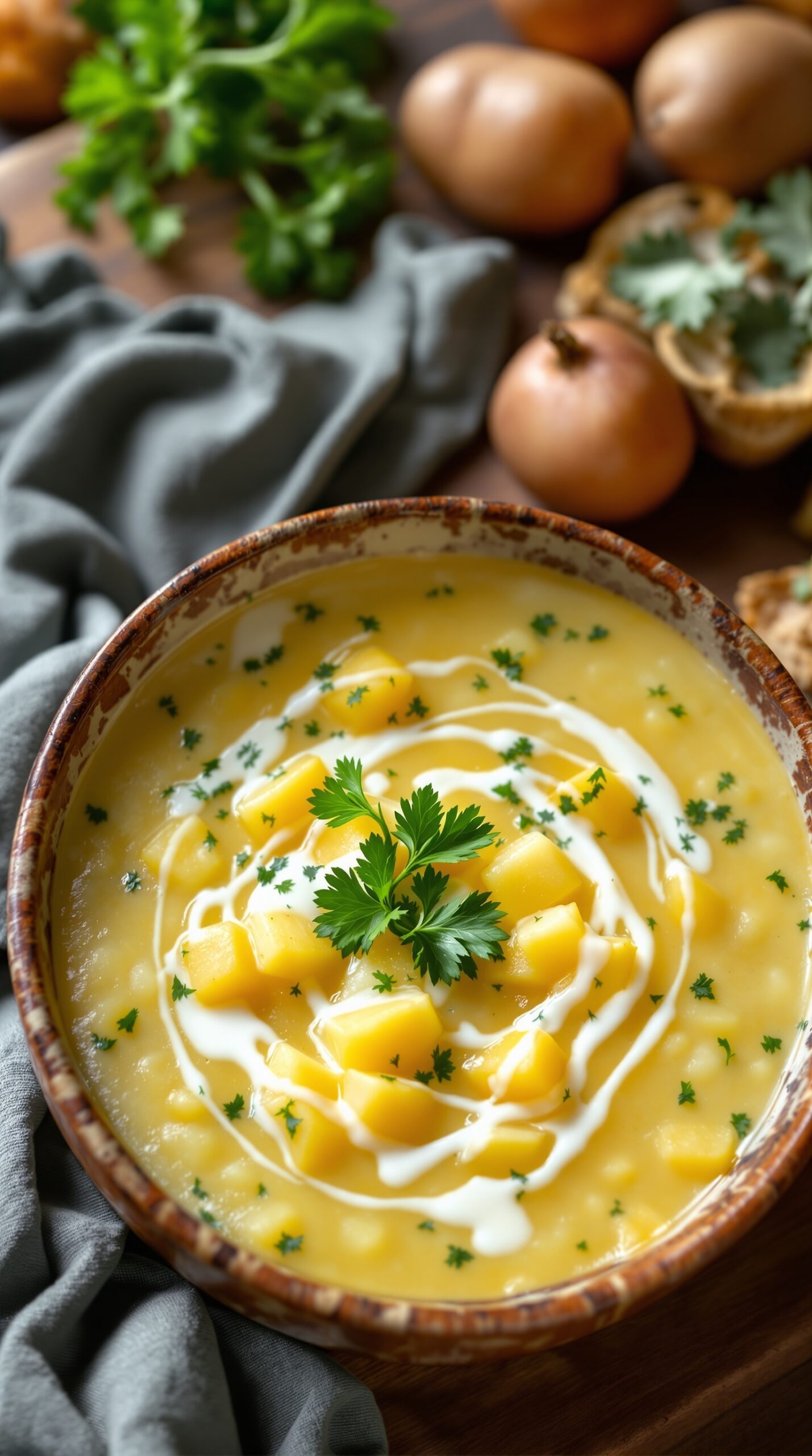 A bowl of creamy Irish potato soup garnished with herbs and cream, surrounded by fresh ingredients.