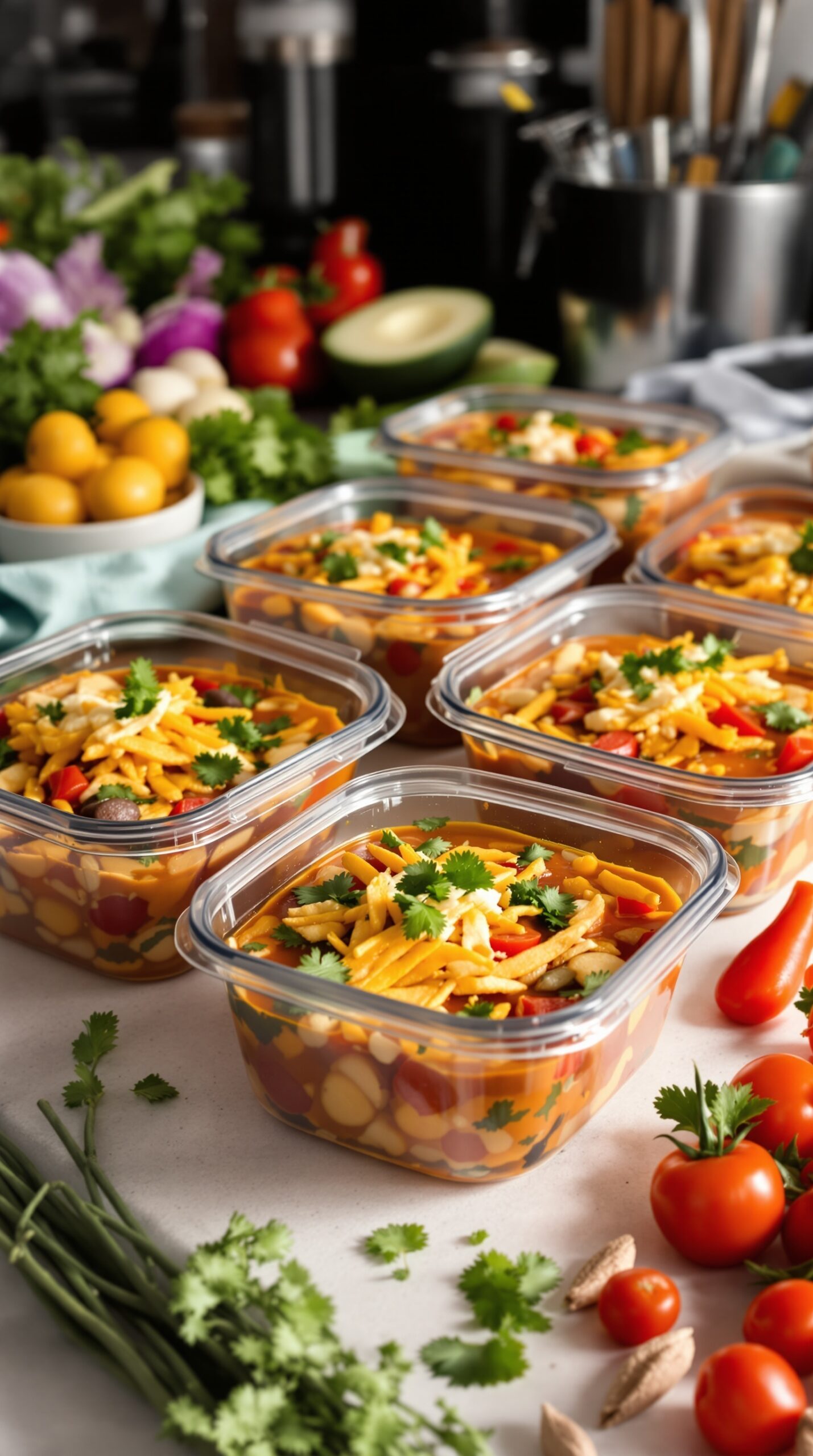 Meal prep containers filled with colorful taco soup topped with cheese and cilantro