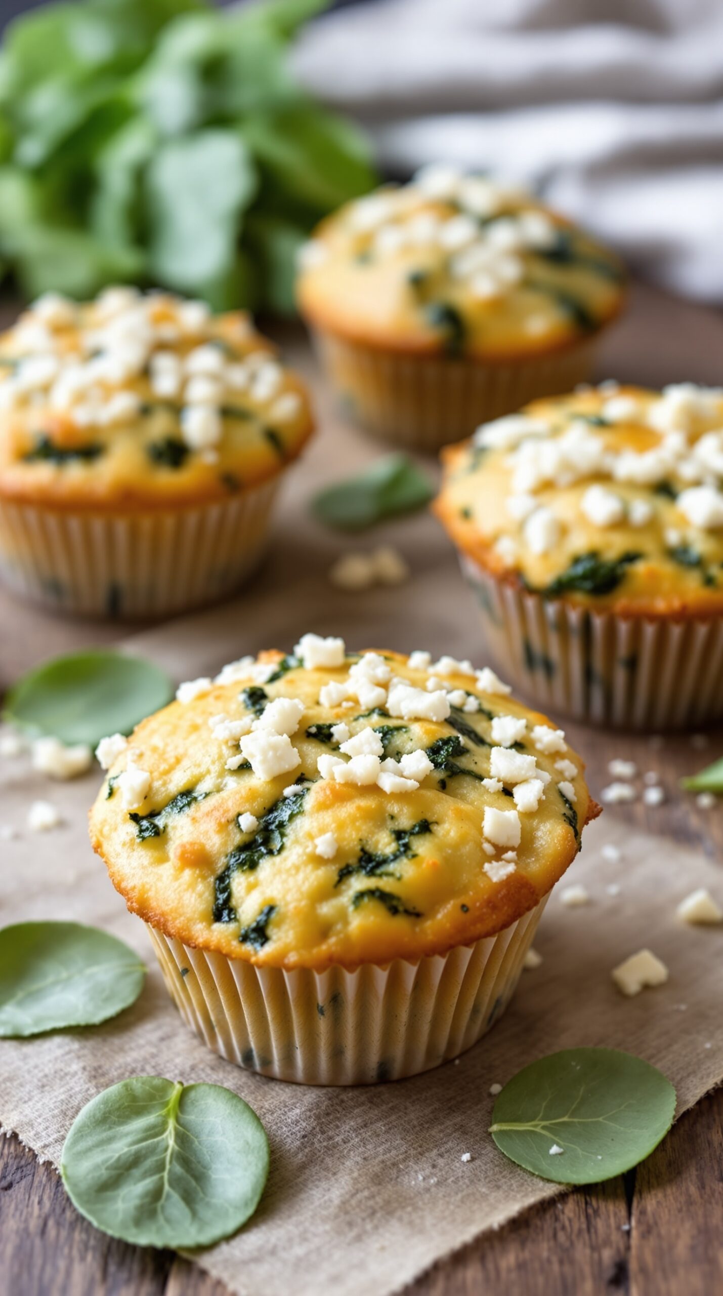 Savory spinach and feta muffins topped with crumbled feta cheese, surrounded by fresh spinach leaves.