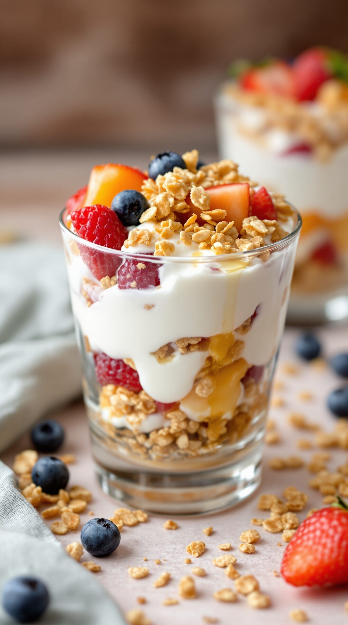 A delicious Greek yogurt parfait with layers of yogurt, fresh fruits, and granola in a glass.