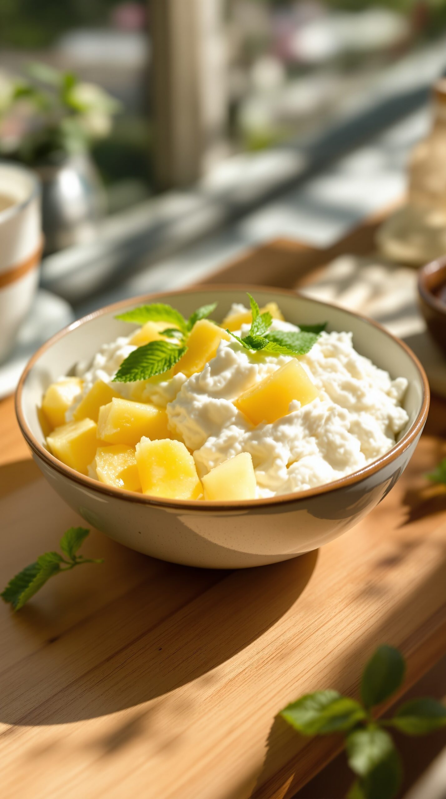 A bowl of cottage cheese topped with pineapple chunks and a mint sprig.