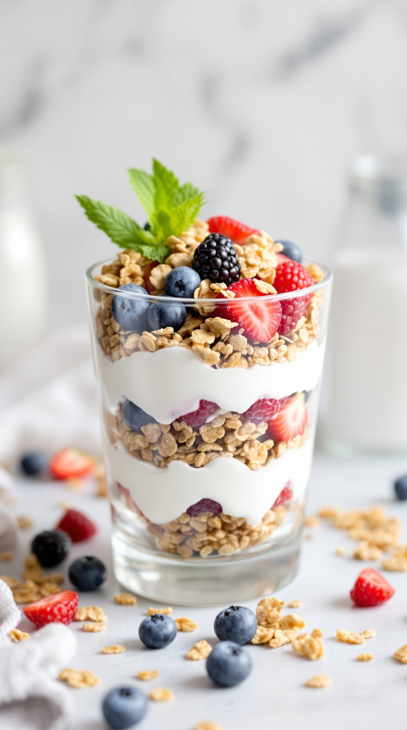 A delicious Greek yogurt parfait layered with granola and fresh berries.