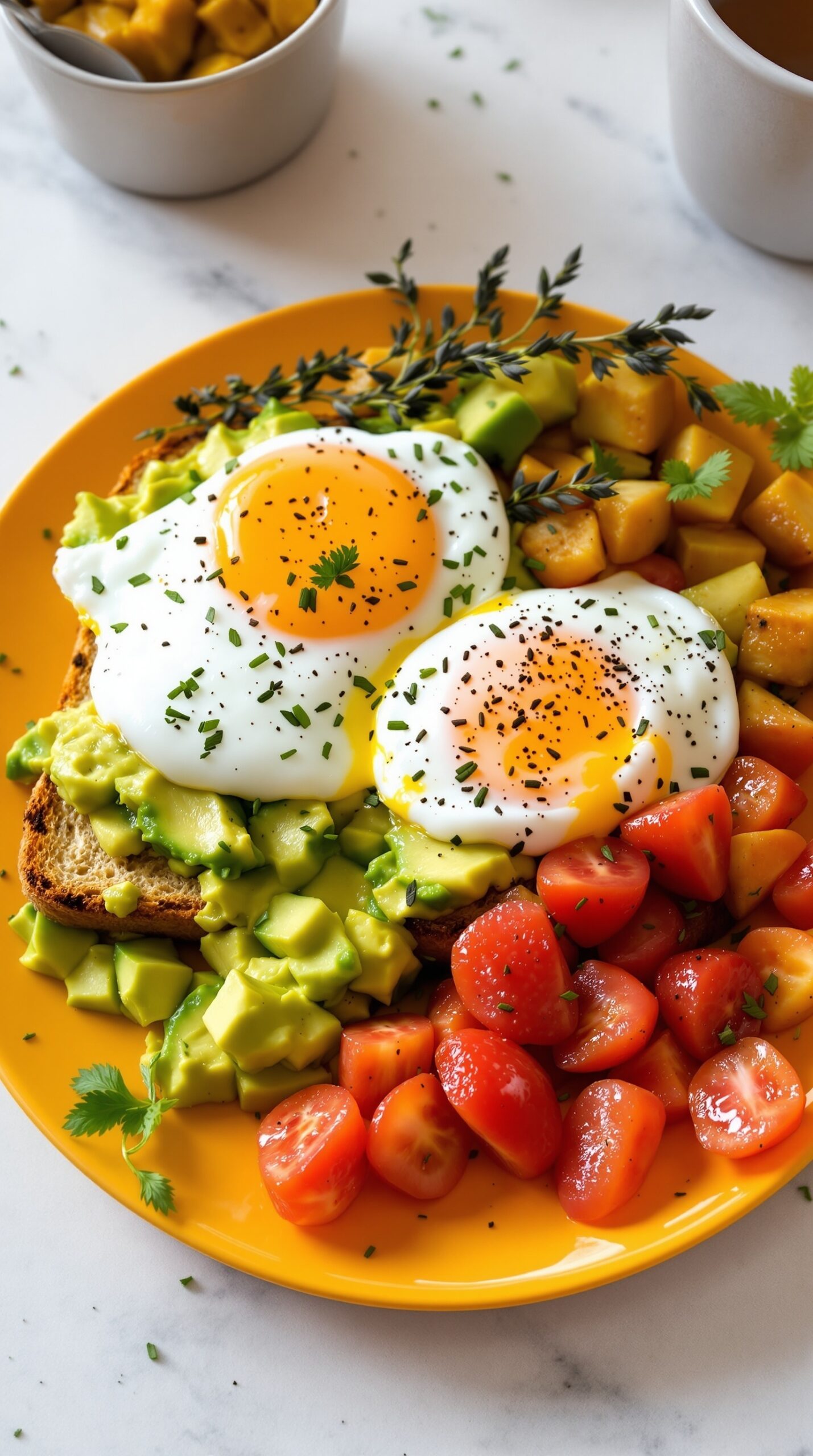 A colorful plate featuring two poached eggs on whole grain toast with avocado, cherry tomatoes, and sweet potatoes.
