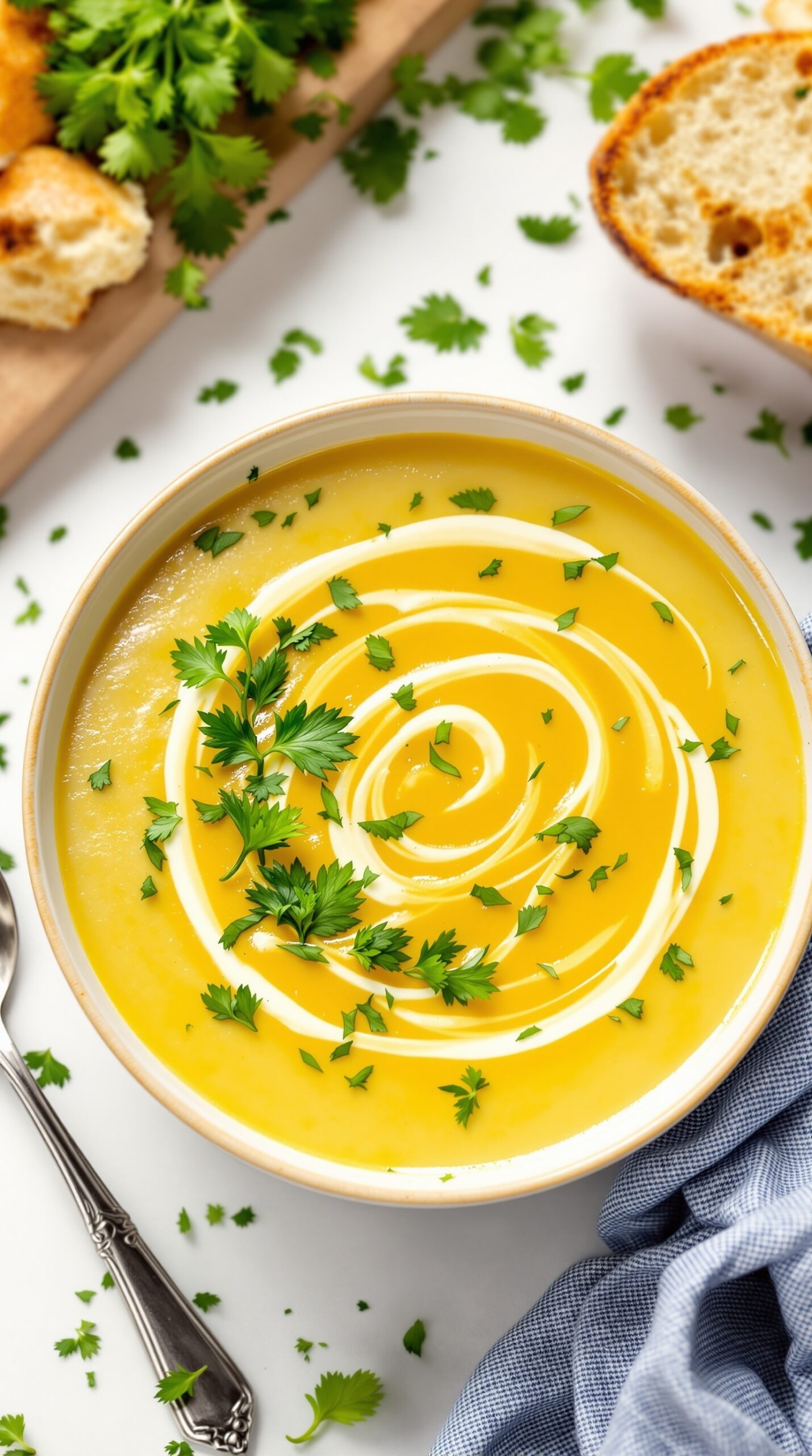 A bowl of vegan potato leek soup garnished with fresh herbs and accompanied by crusty bread.