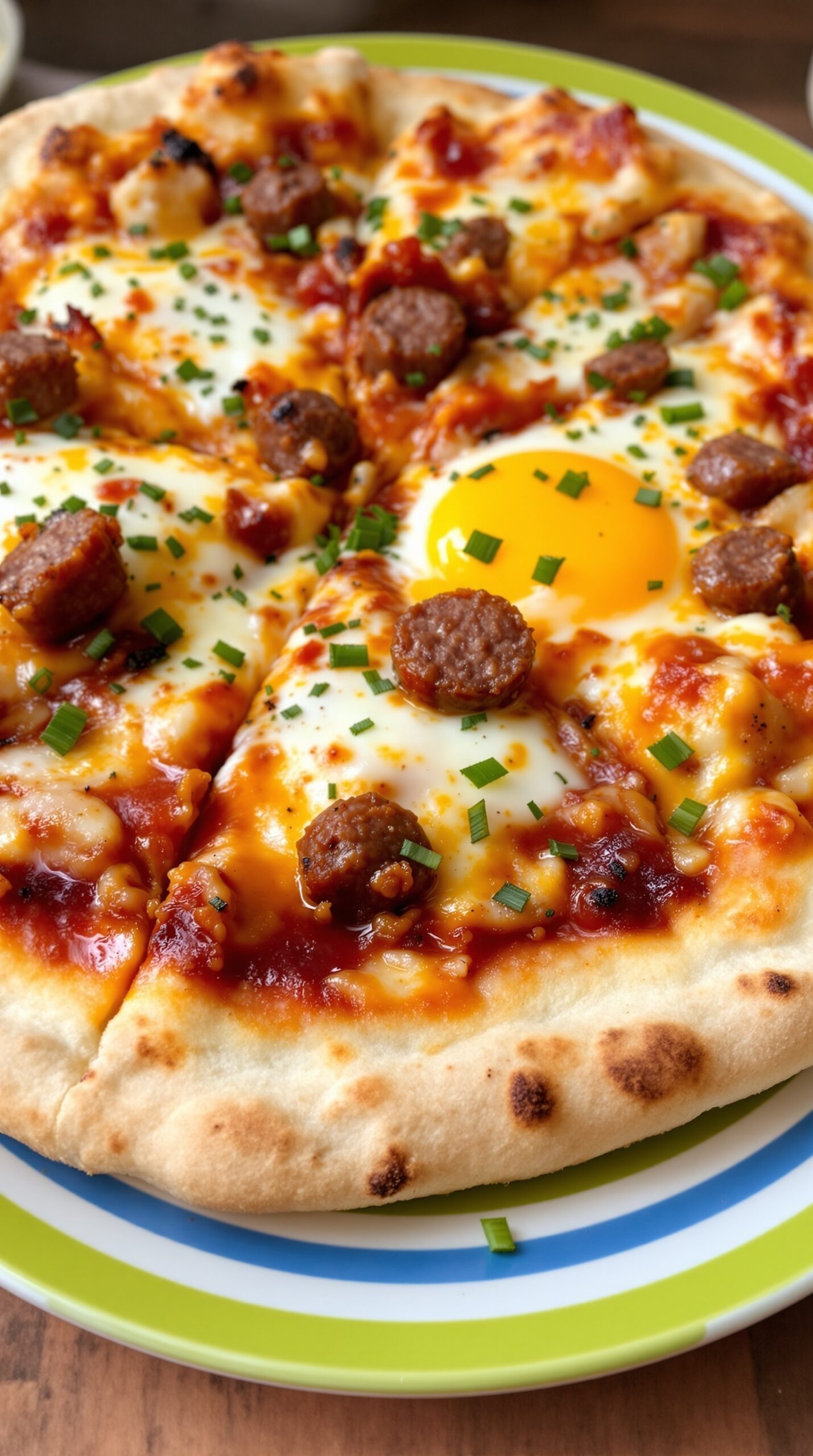 A delicious sausage and cheese breakfast pizza topped with an egg and chives.
