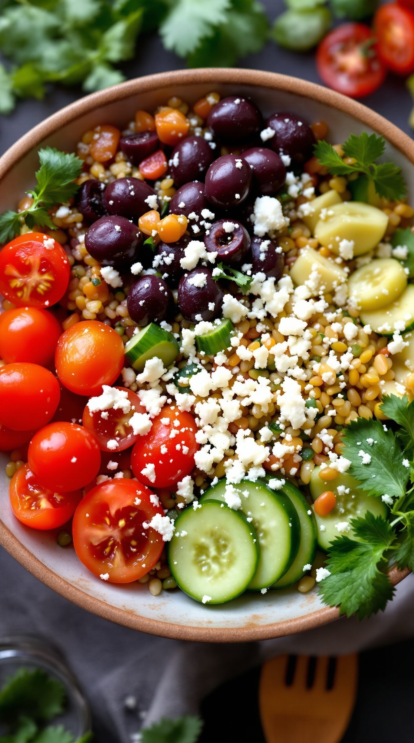 A colorful Mediterranean quinoa breakfast bowl with cherry tomatoes, cucumbers, olives, and feta cheese.