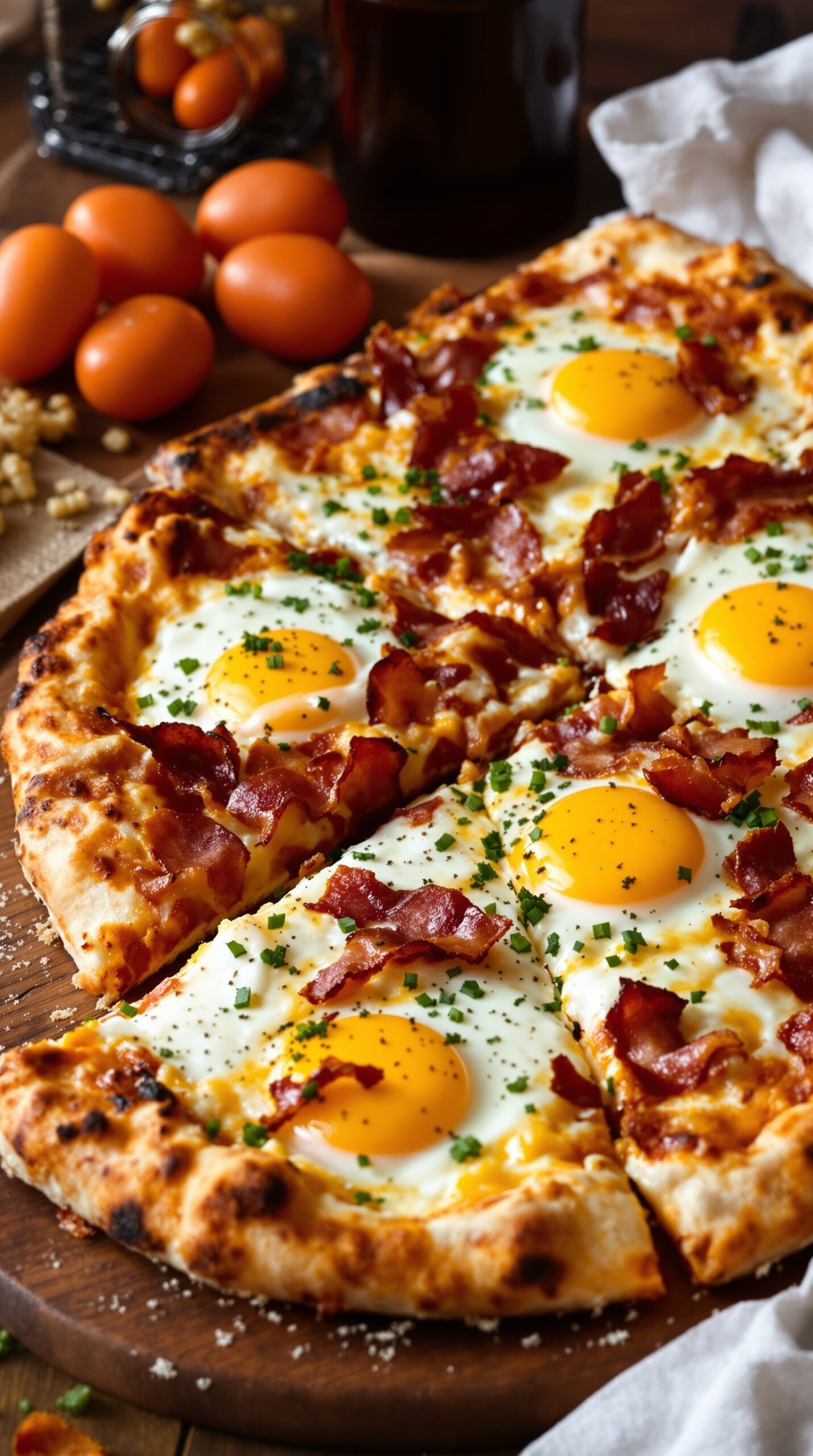A delicious breakfast pizza topped with eggs and bacon, garnished with chives.