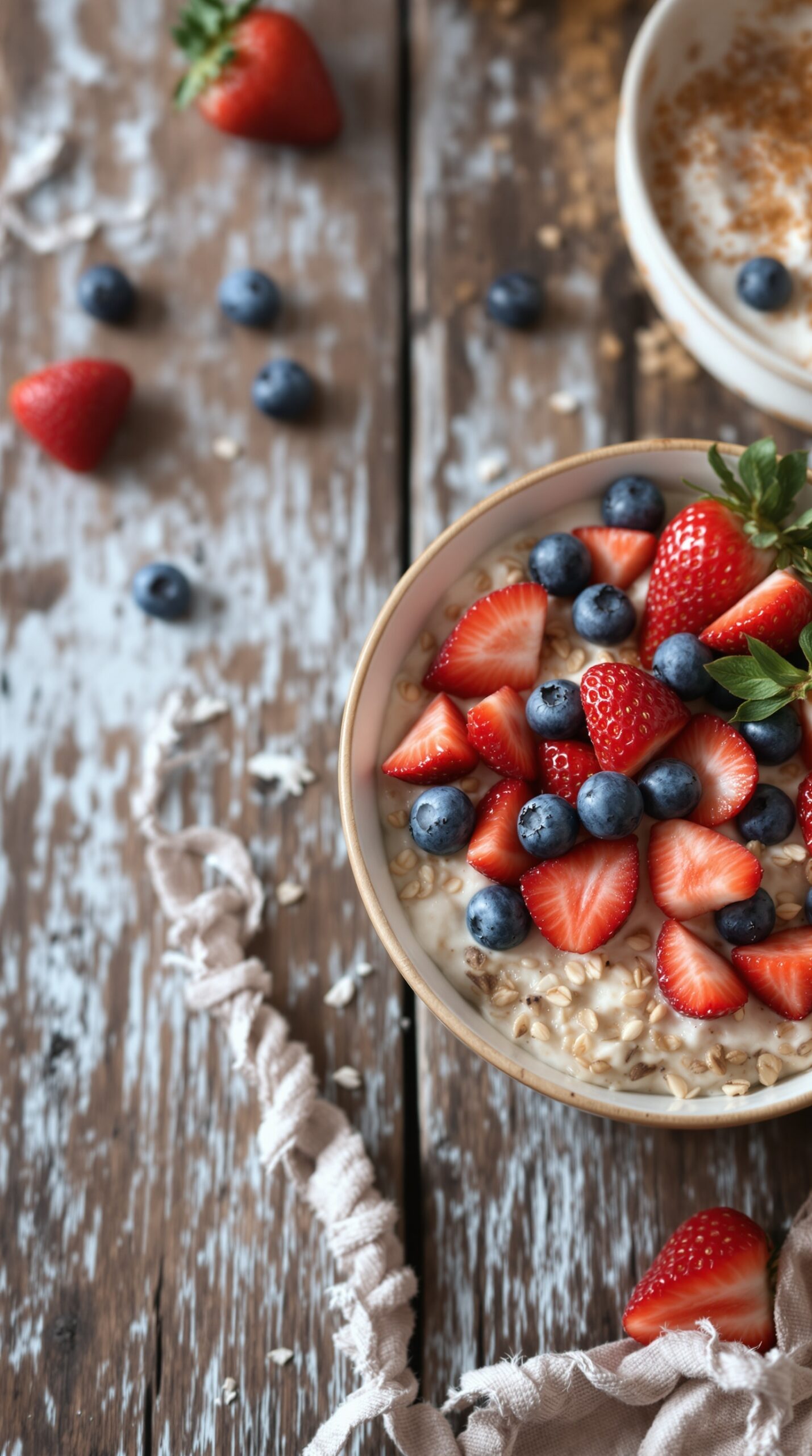 A bowl of overnight oats topped with fresh strawberries and blueberries on a wooden table.