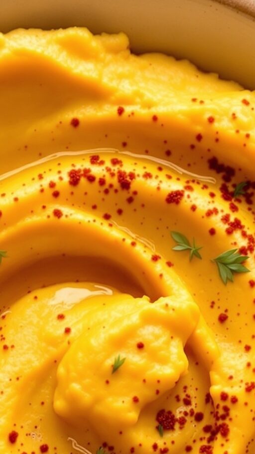 A bowl of butternut squash hummus garnished with paprika, surrounded by pita chips and fresh vegetables.