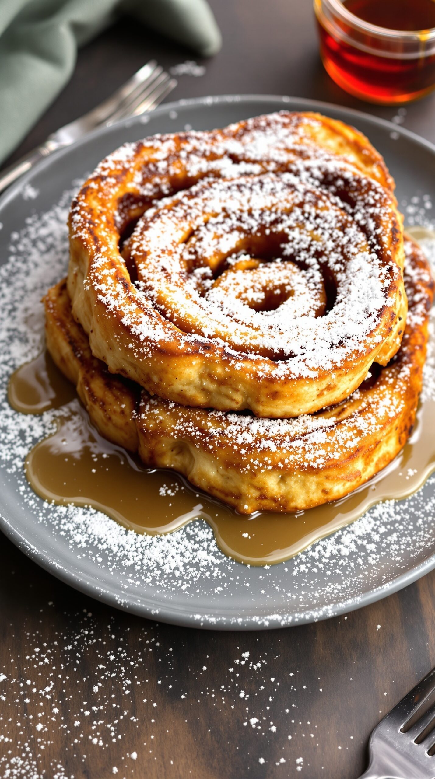 A plate of Cinnamon Roll French Toast topped with powdered sugar and syrup.