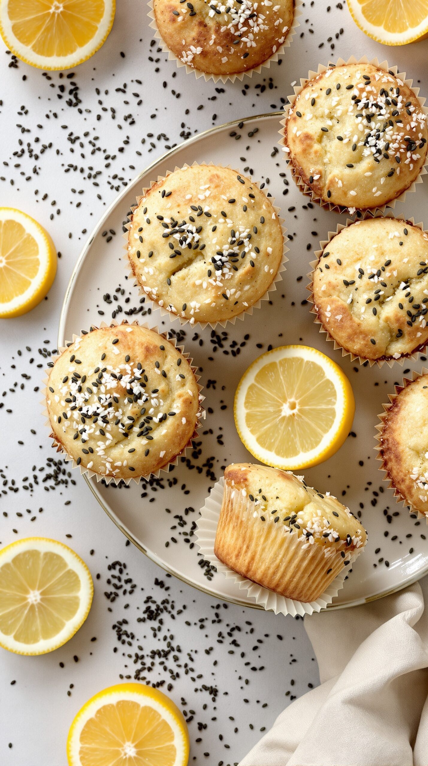 Lemon poppy seed muffins on a plate with lemon slices and poppy seeds scattered around.