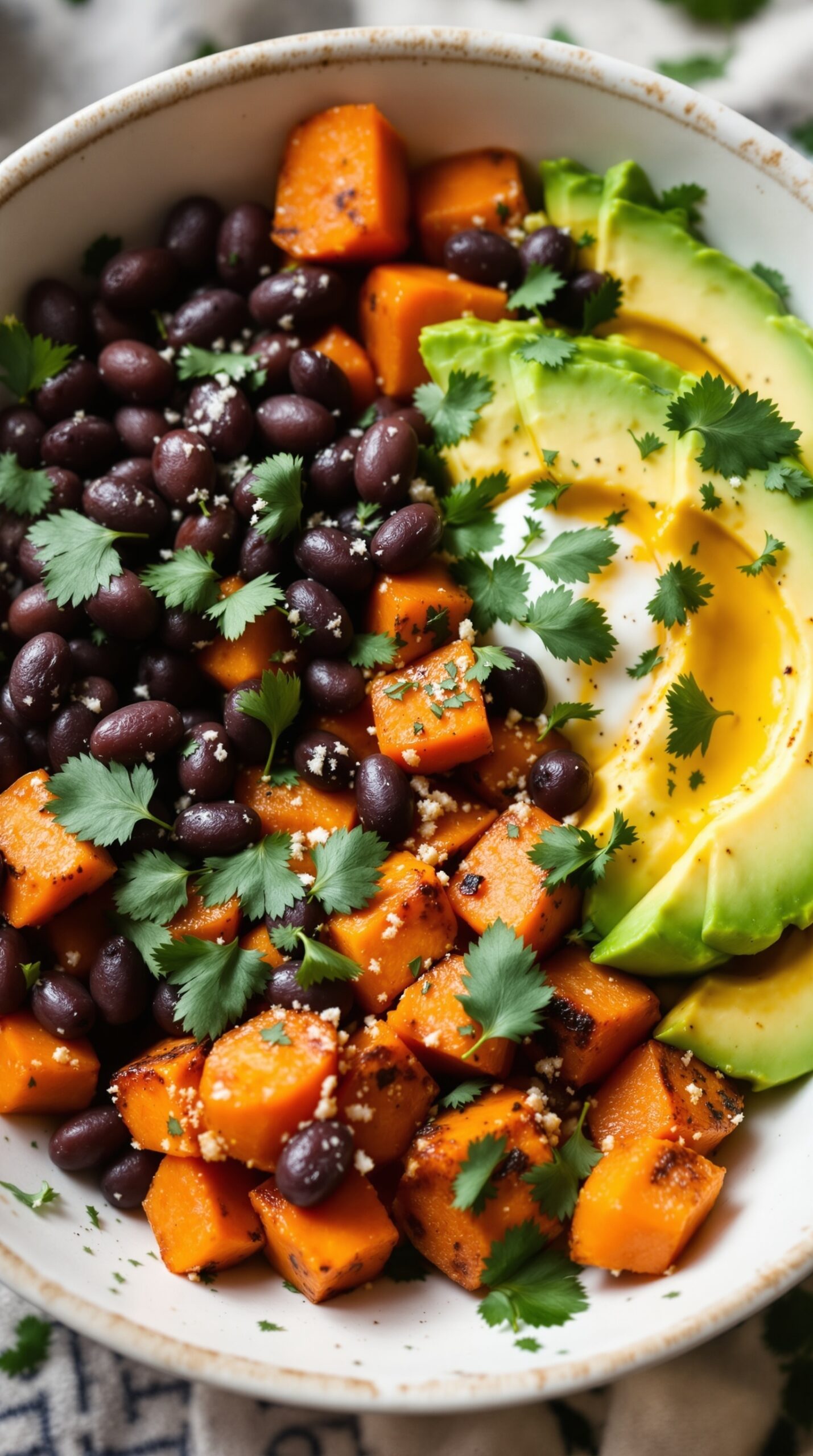 A colorful bowl featuring roasted sweet potatoes, black beans, avocado slices, and fresh cilantro.