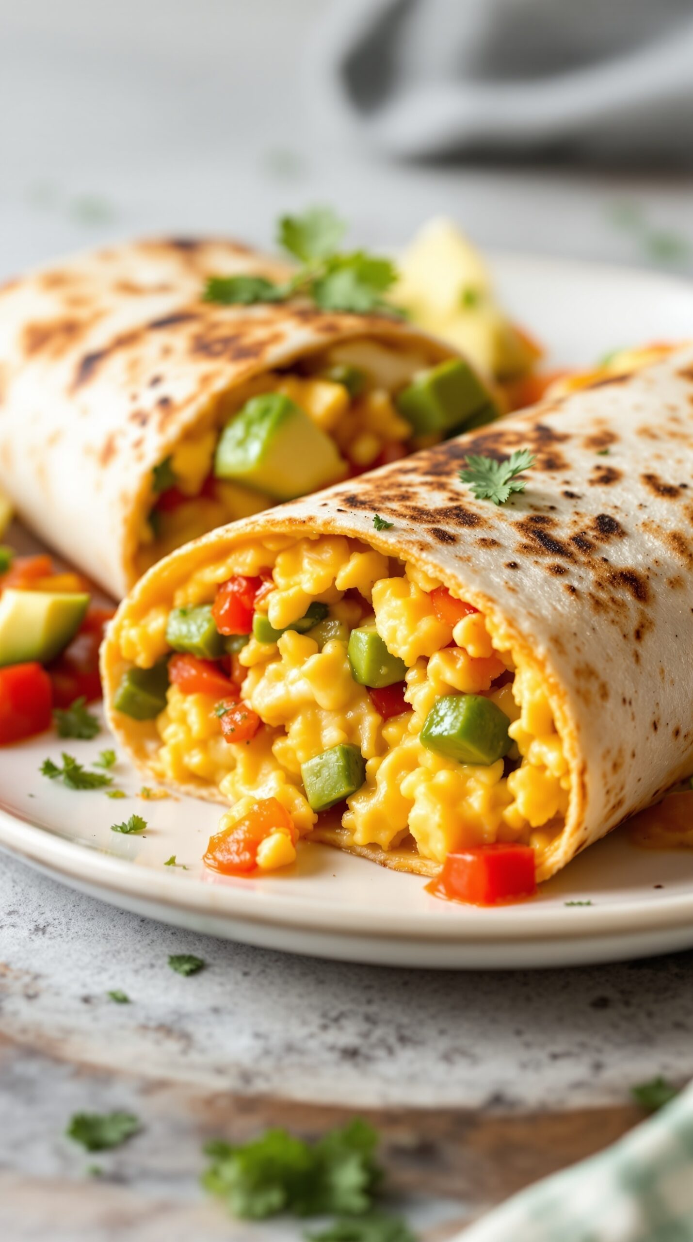 A close-up of a breakfast burrito filled with scrambled eggs and colorful veggies, garnished with cilantro.