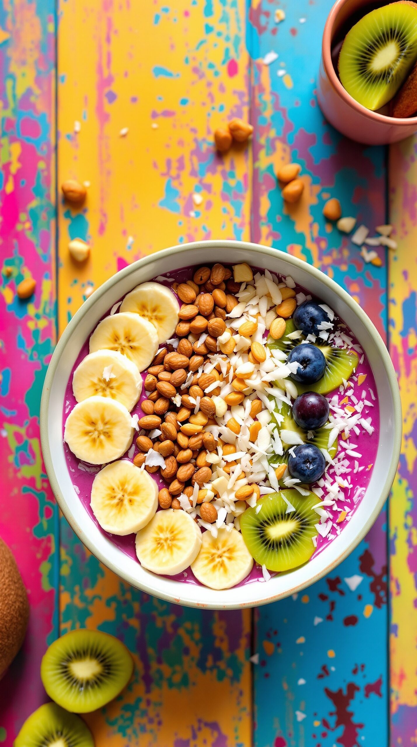 A colorful smoothie bowl topped with banana slices, nuts, coconut flakes, blueberries, and kiwi on a vibrant background.