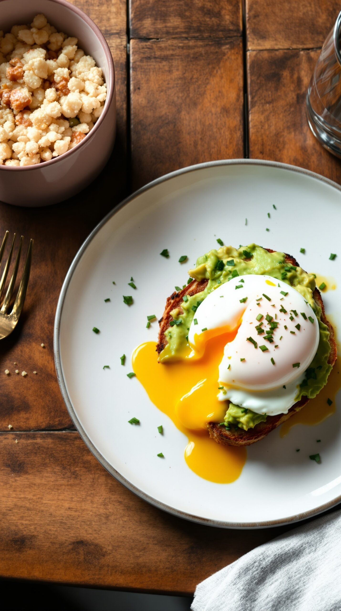 A plate of avocado toast topped with a poached egg, with a side of puffed grains.