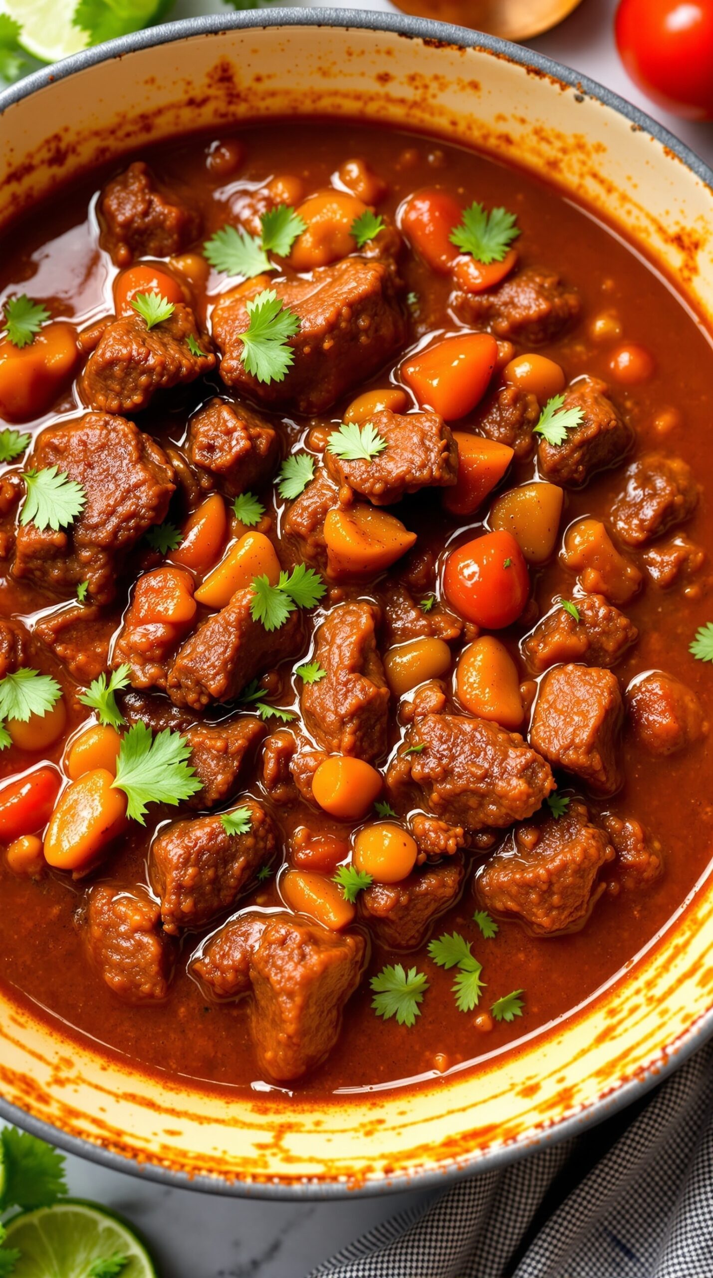 A bowl of Southwestern beef stew with chunks of beef, carrots, and tomatoes, garnished with cilantro.